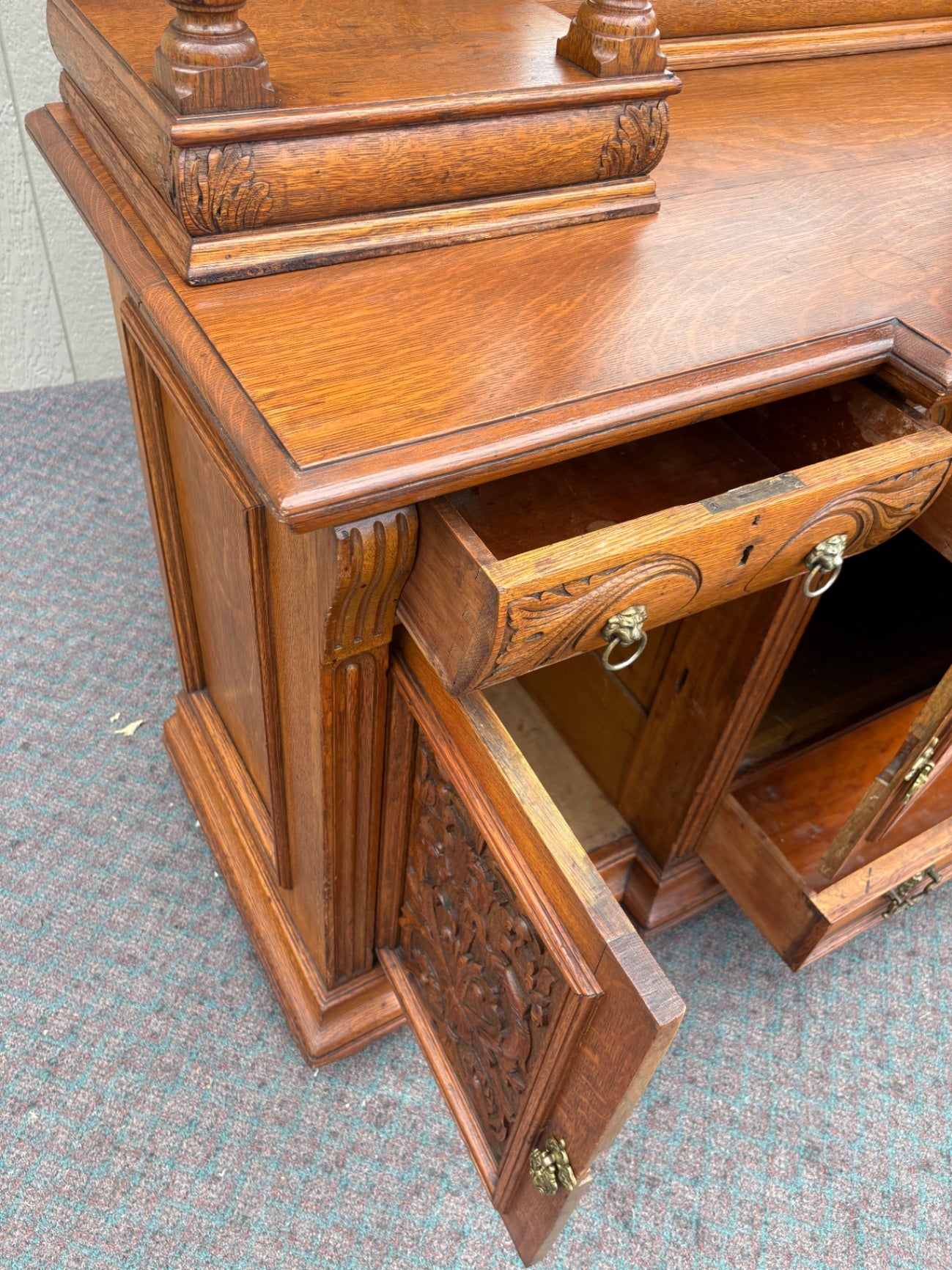 67852  Ornate Victorian Oak Buffet with Mirror and Carved Details