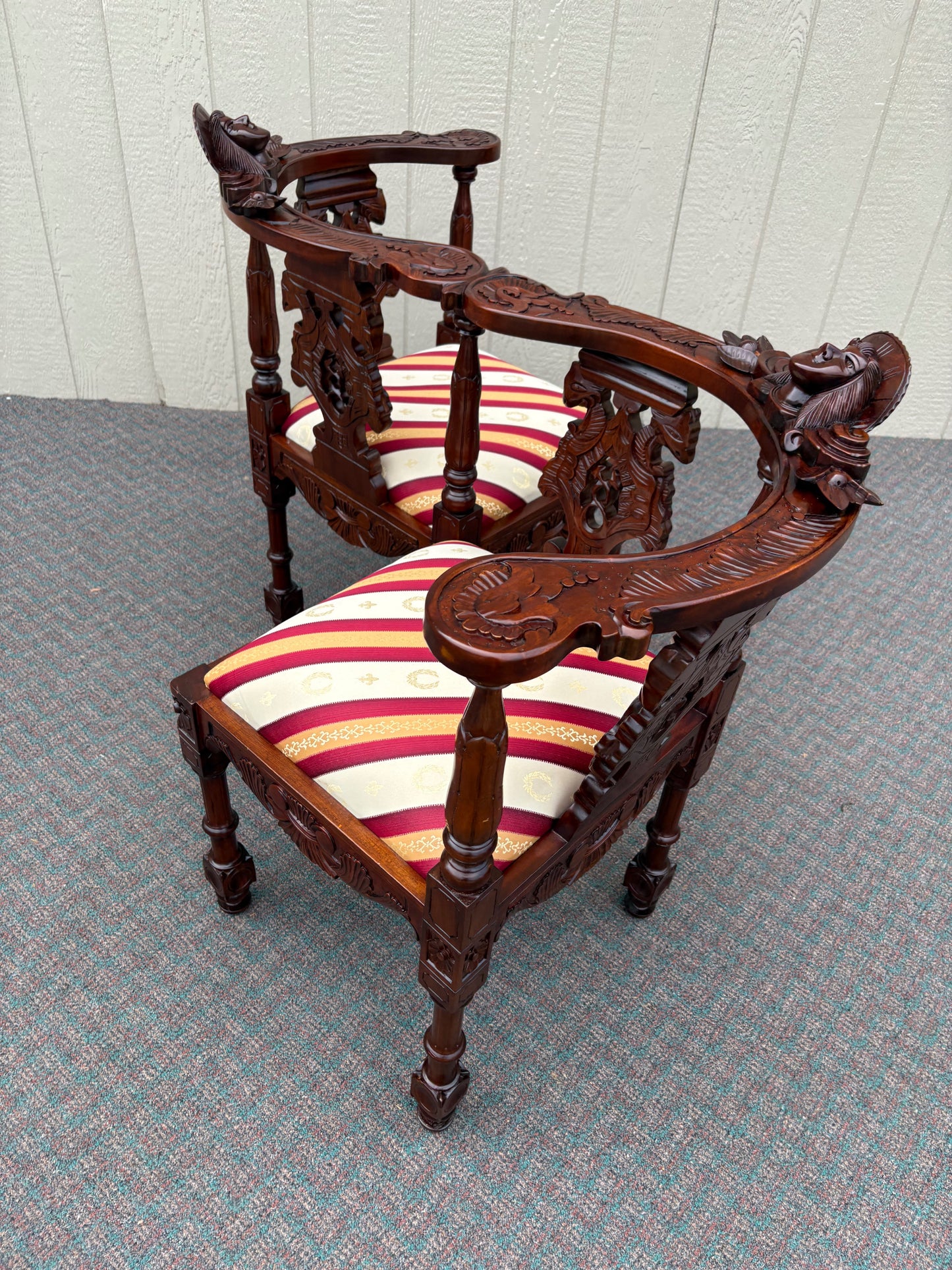 67730 Victorian Tête-à-Tête Loveseat, Carved Mahogany, Striped Upholstery