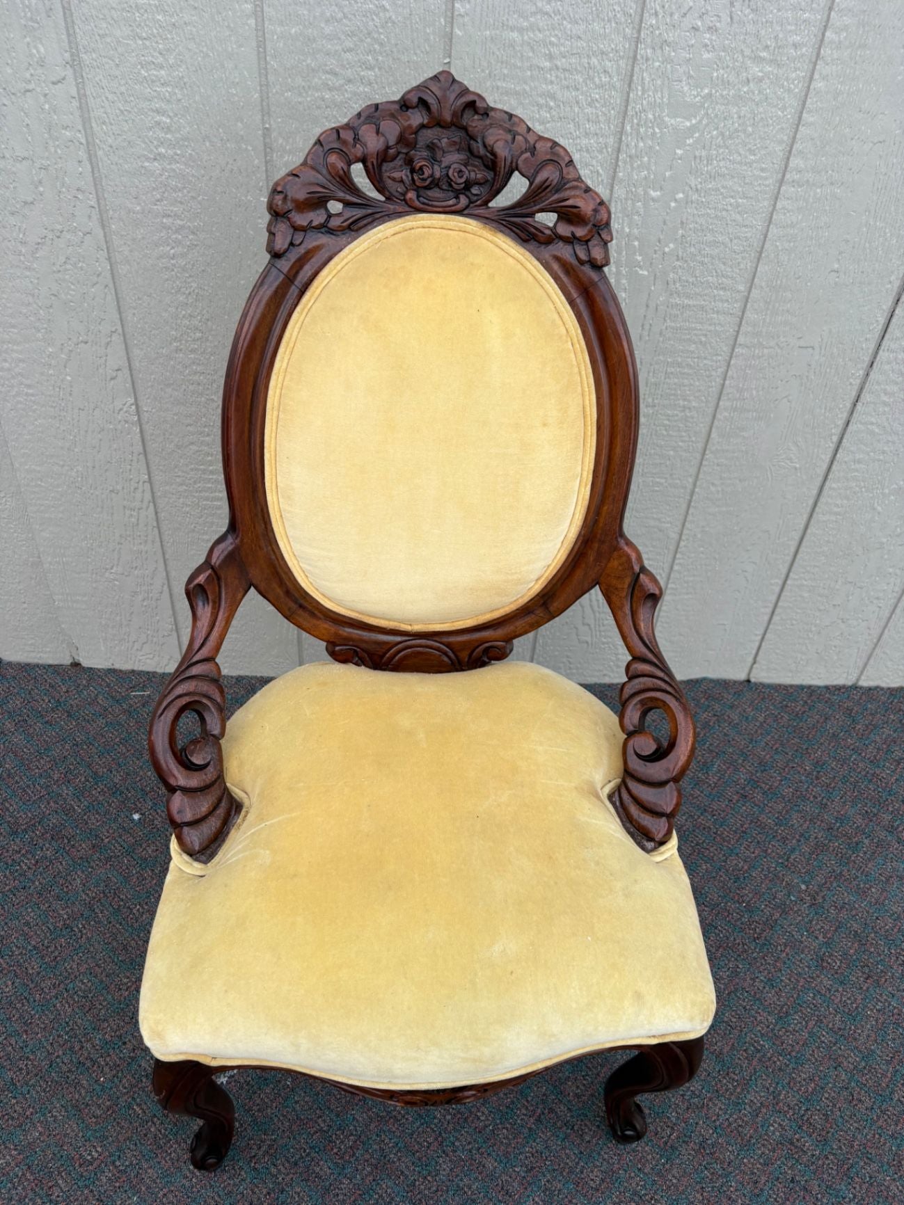 67445  Victorian Carved Mahogany Chair with Yellow Upholstery