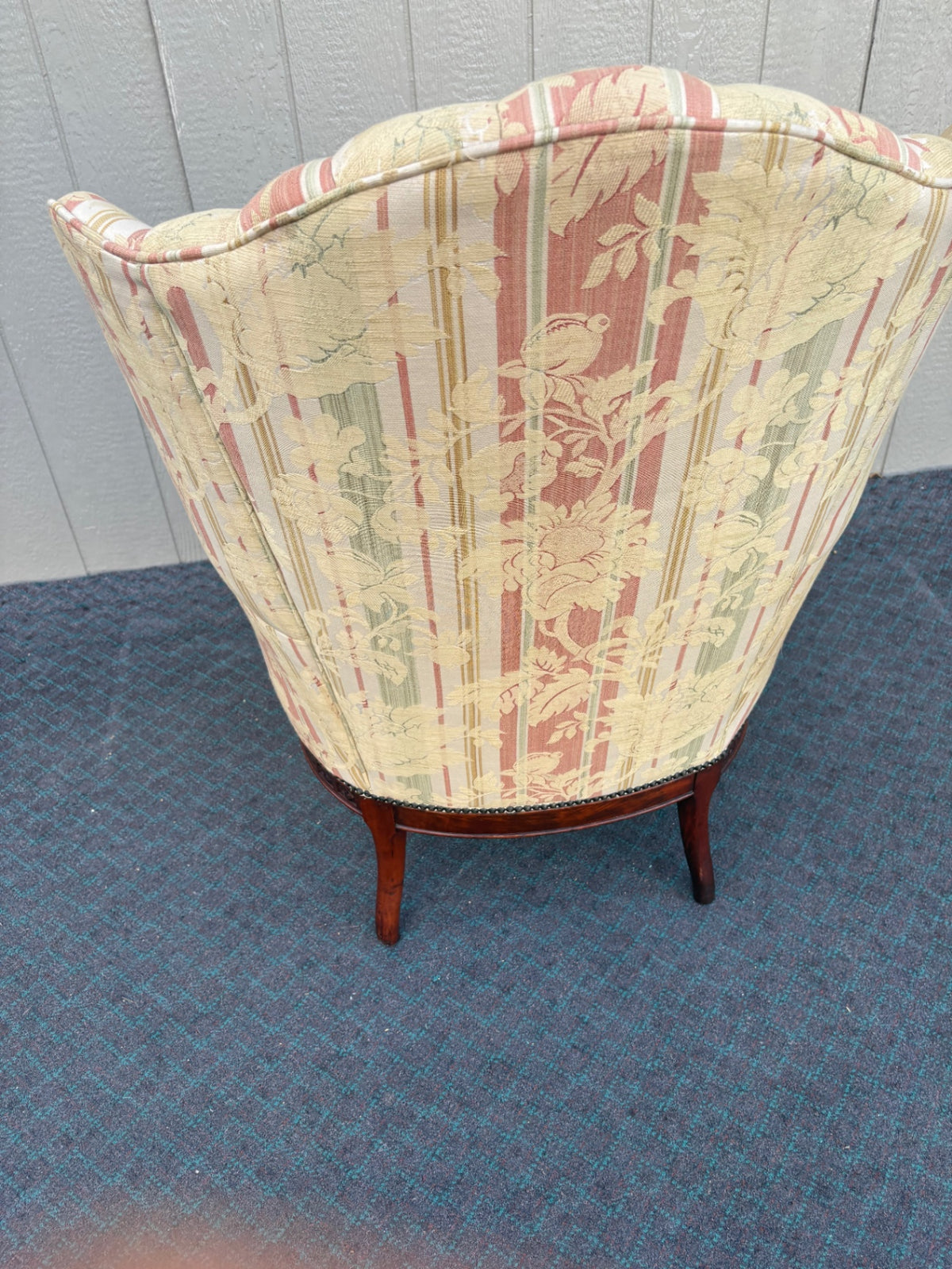 68209  1940s Carved Tufted Armchair with Floral Upholstery