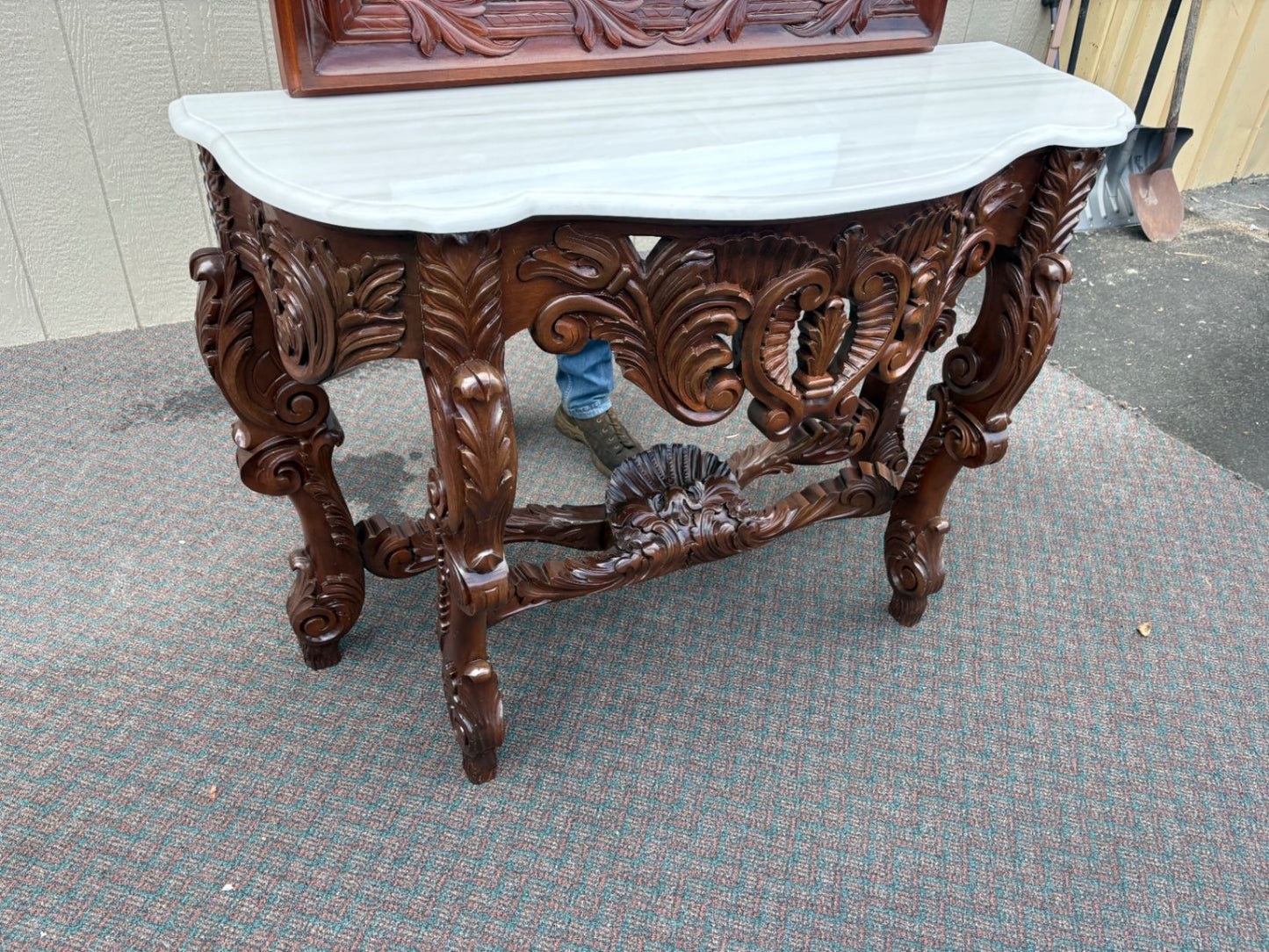 67574 Solid Mahogany  Marble Top Console Table with Ornate Mirror
