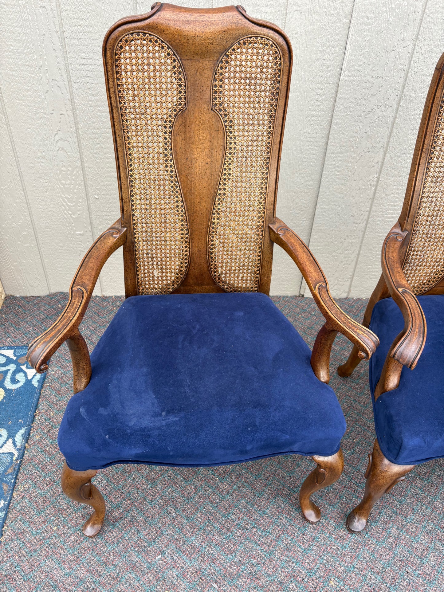 67644 Set of 6 John Stuart Queen Anne Dining Chairs in Walnut and Blue Upholstery