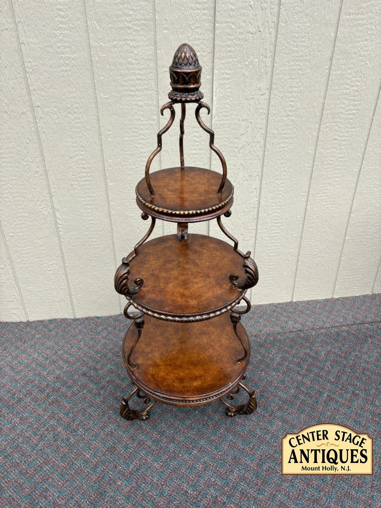 67831 Ornate Three-Tier Accent Table with Metal Scrollwork and Wood Finish