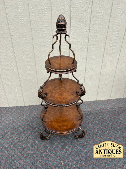 67831 Ornate Three-Tier Accent Table with Metal Scrollwork and Wood Finish