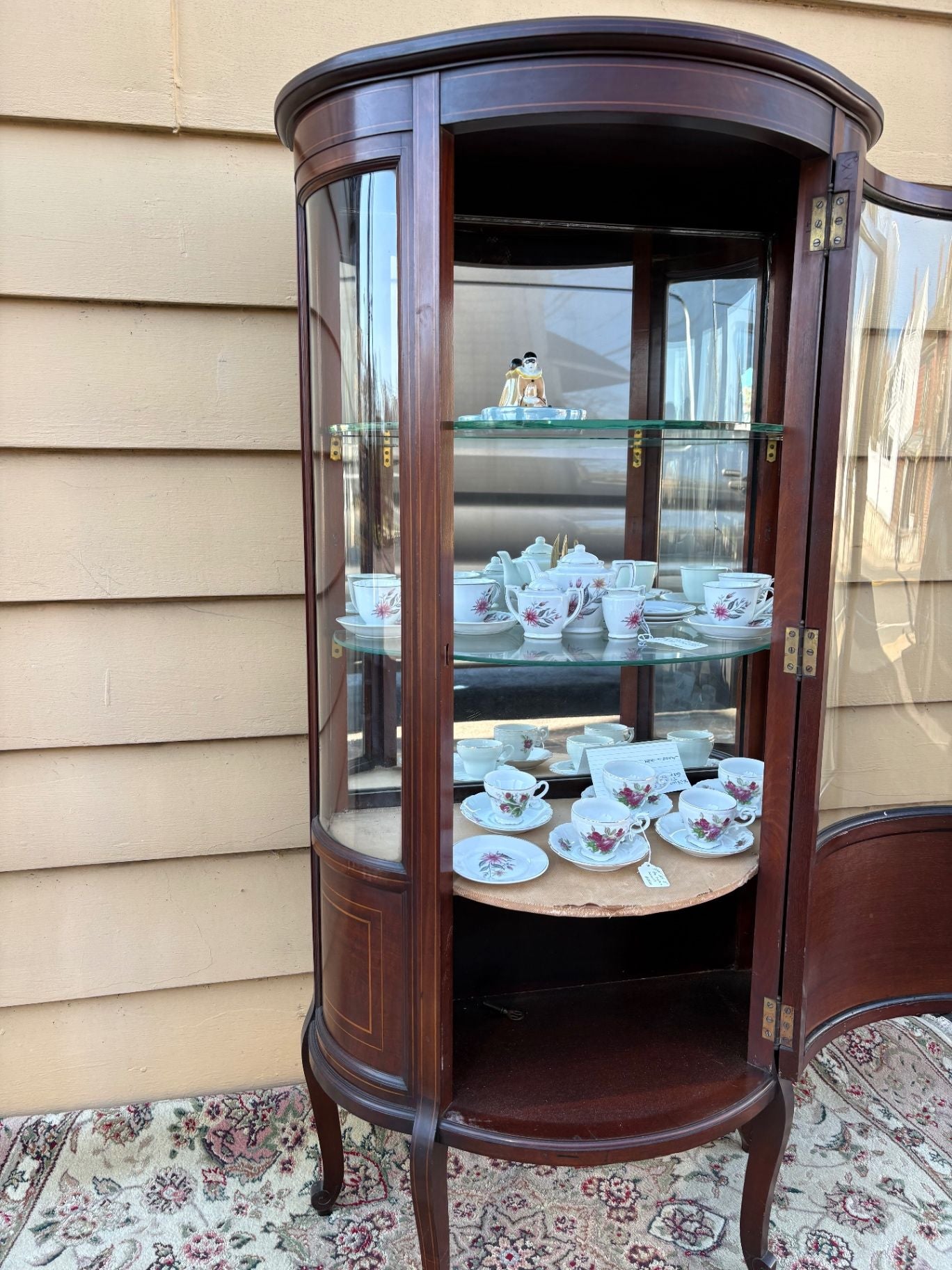 65301 Vintage Bow Front Curio Cabinet with Inlaid Mahogany Design