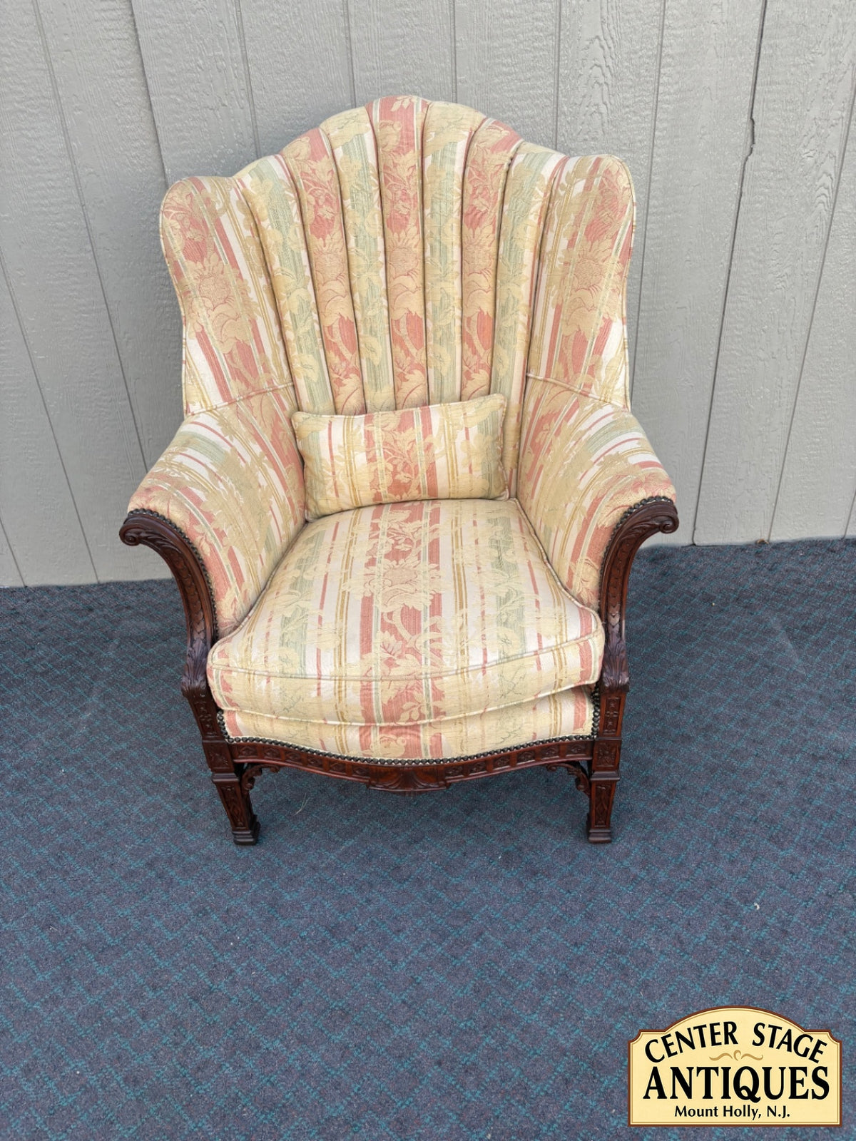 68209  1940s Carved Tufted Armchair with Floral Upholstery