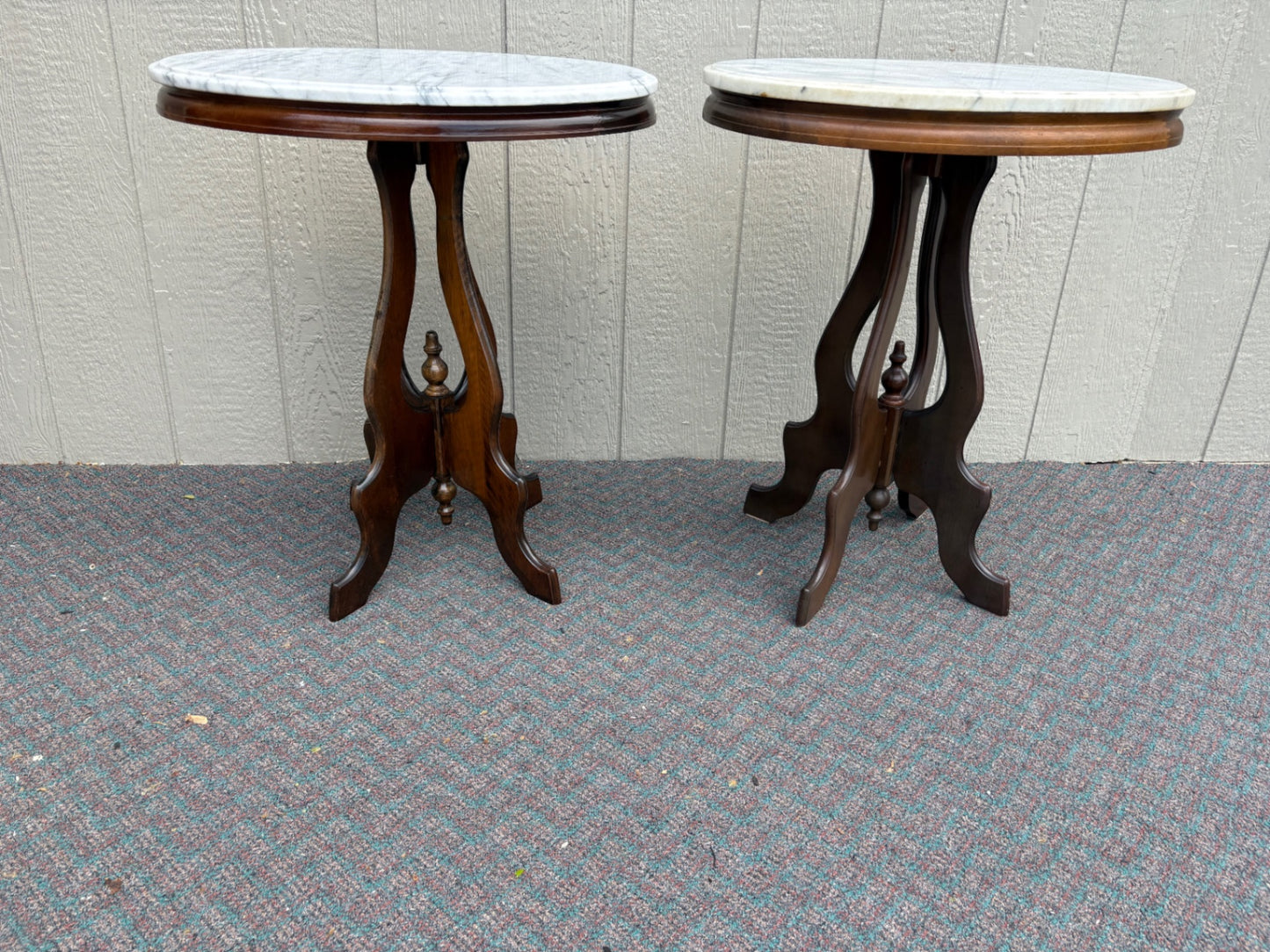 Pair of Victorian Marble Top Side Tables with Carved Bases