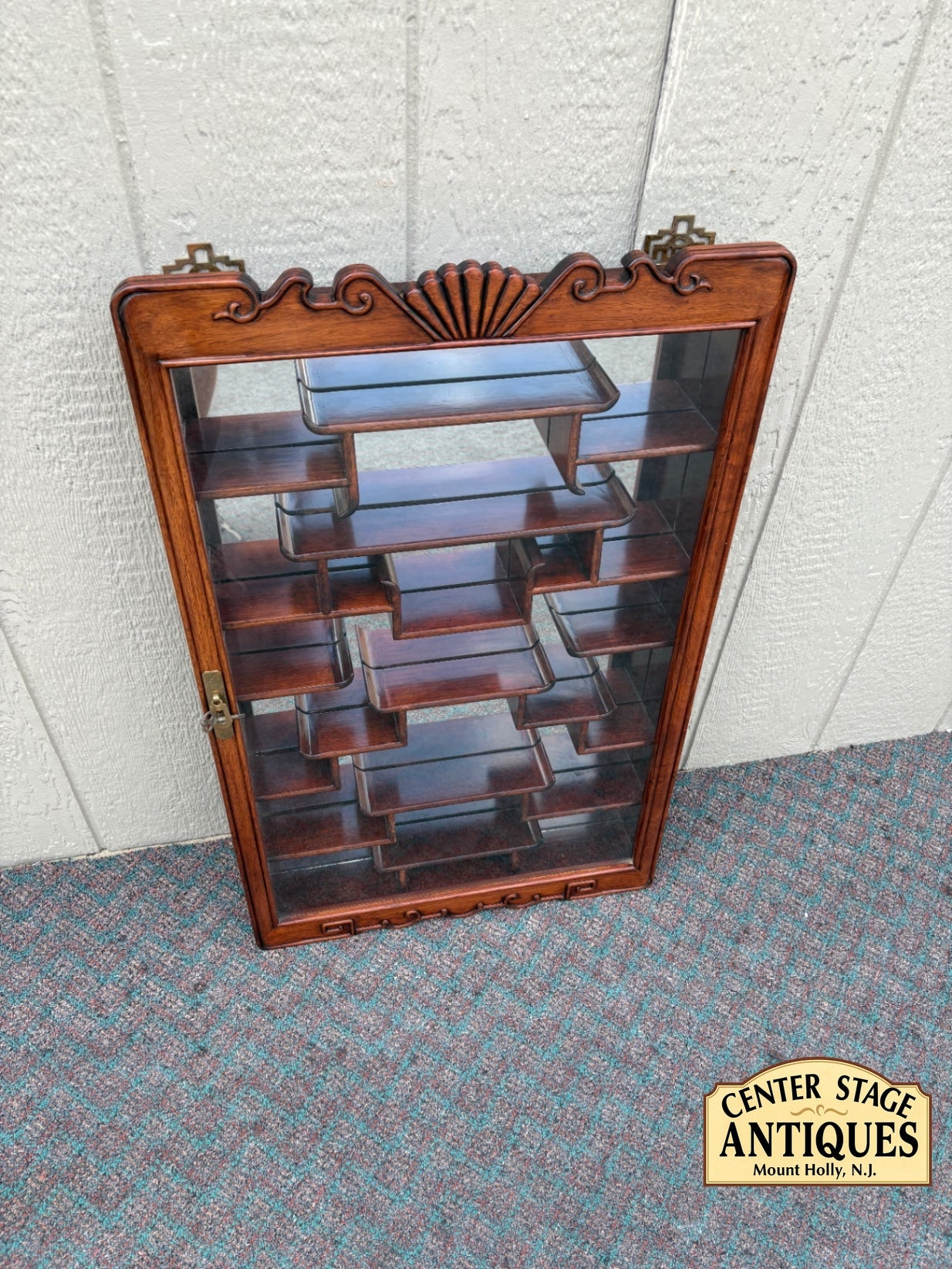 67960 Vintage Oriental Wall Shelf Curio Cabinet with Glass Door