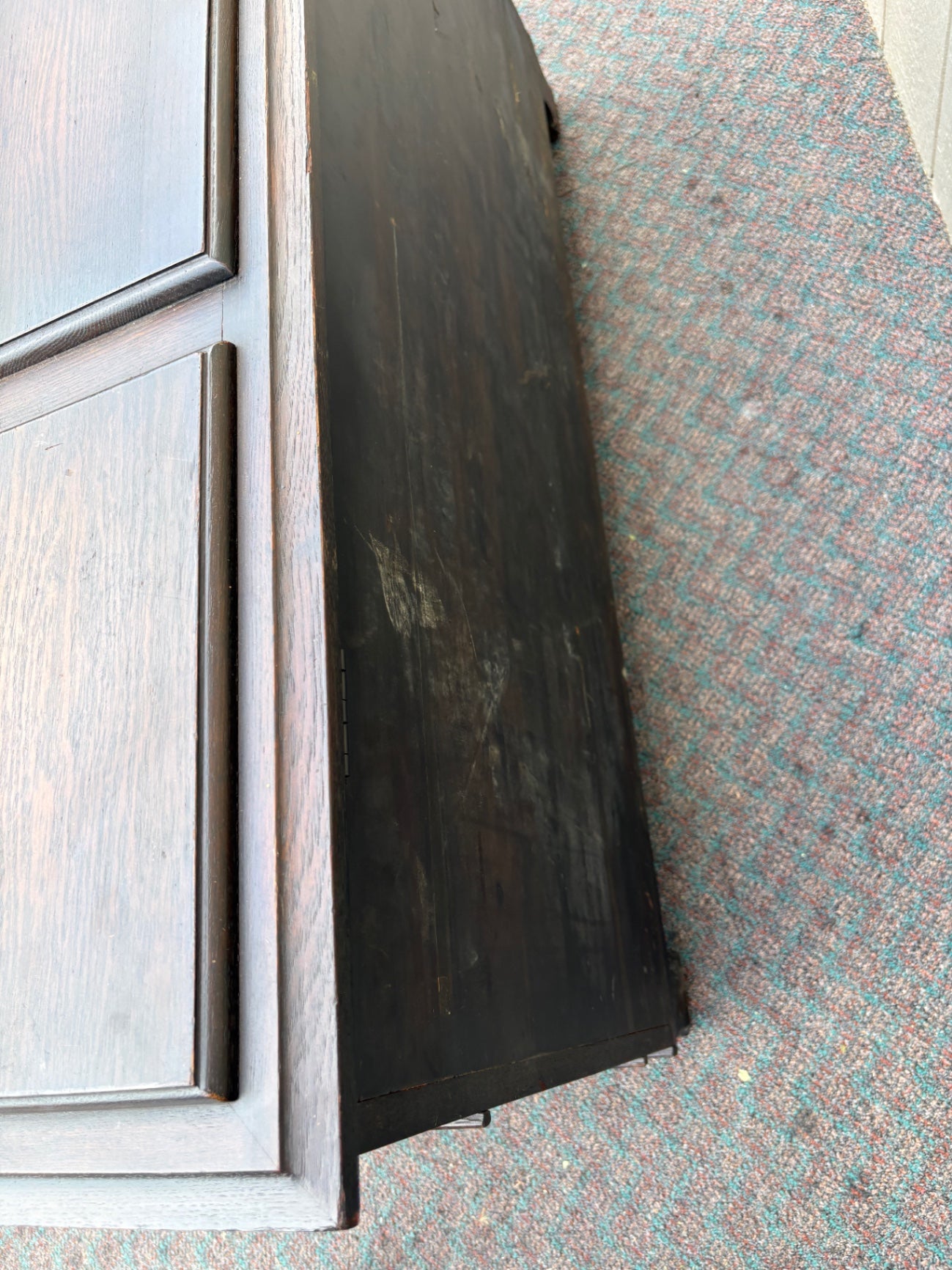 67754 Vintage Dark Oak Trunk with Carved Details and Panel Design
