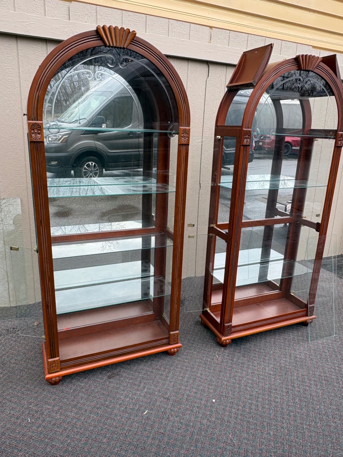 67572 PAIR  of Lighted Etched Glass Curio Cabinets with Wood Frame