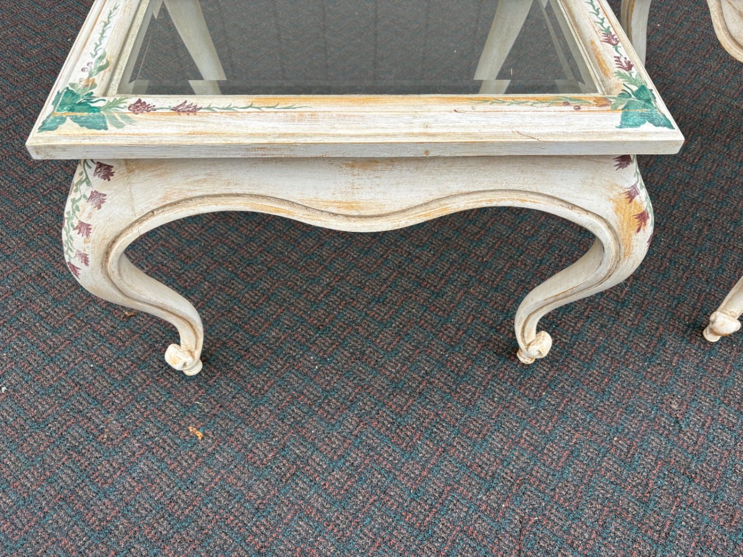 61856 PAIR  of French Provincial ITALIAN Hand Painted Glass Top End Tables