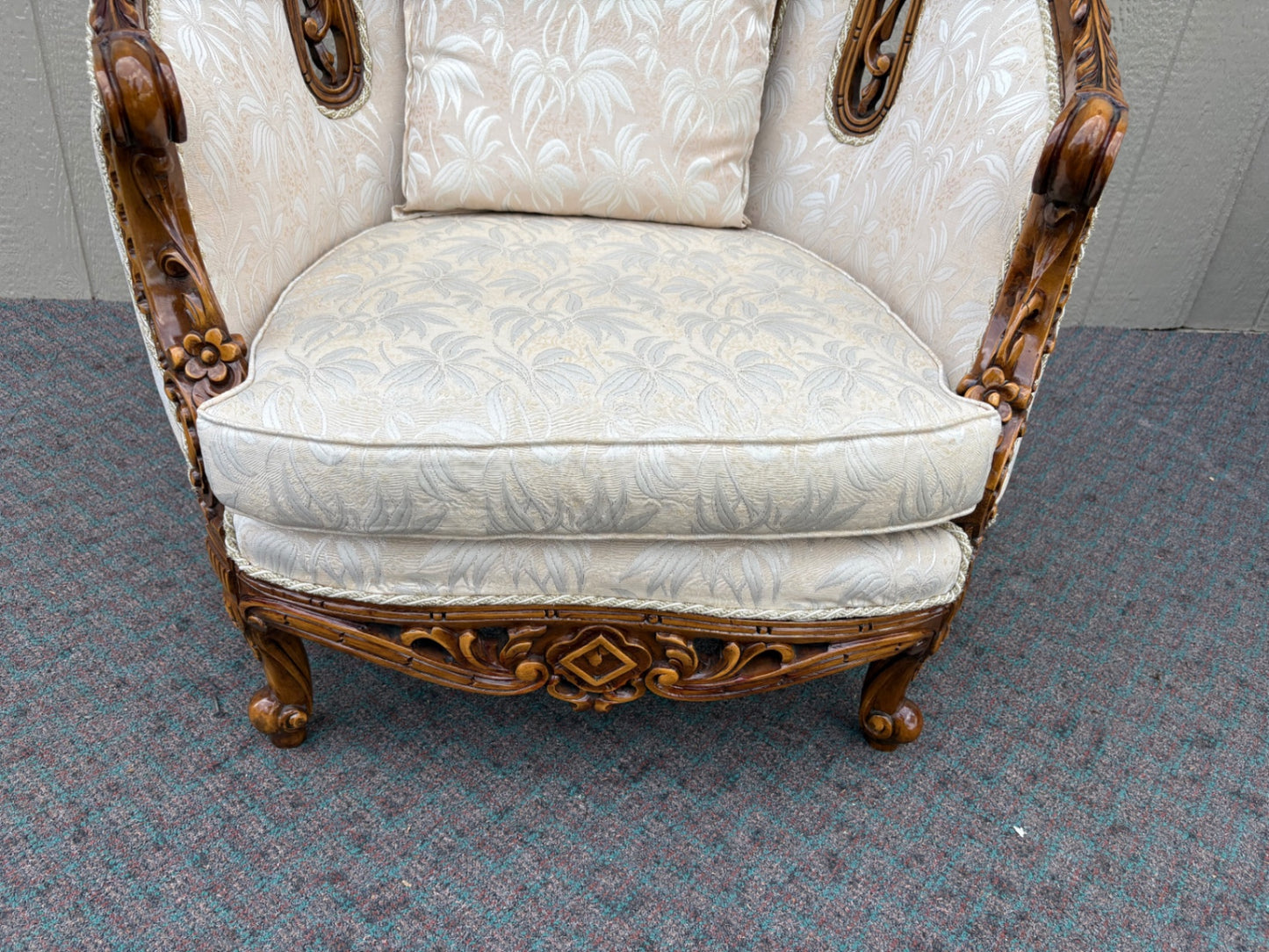 67670 Pair of Victorian Revival Armchairs with Carved Wood Frames