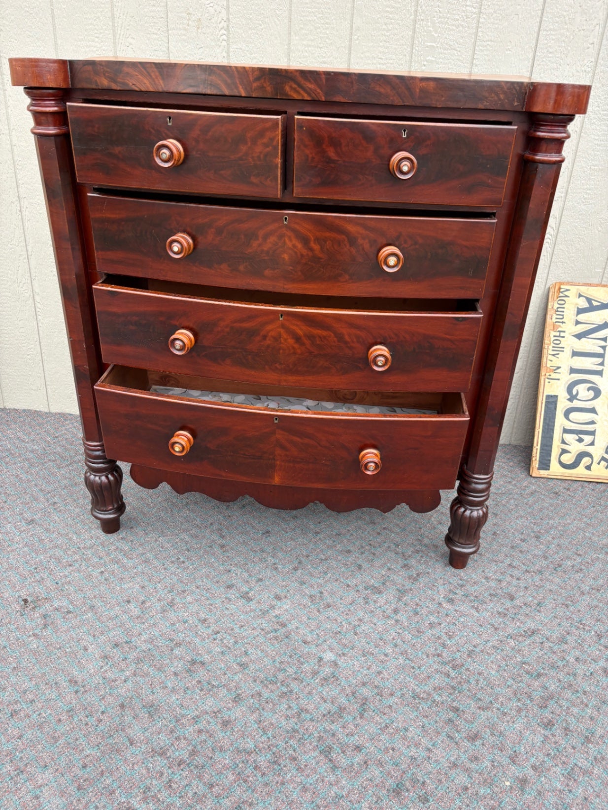 Antique Empire Chest with Flame Mahogany Veneer and Turned Columns