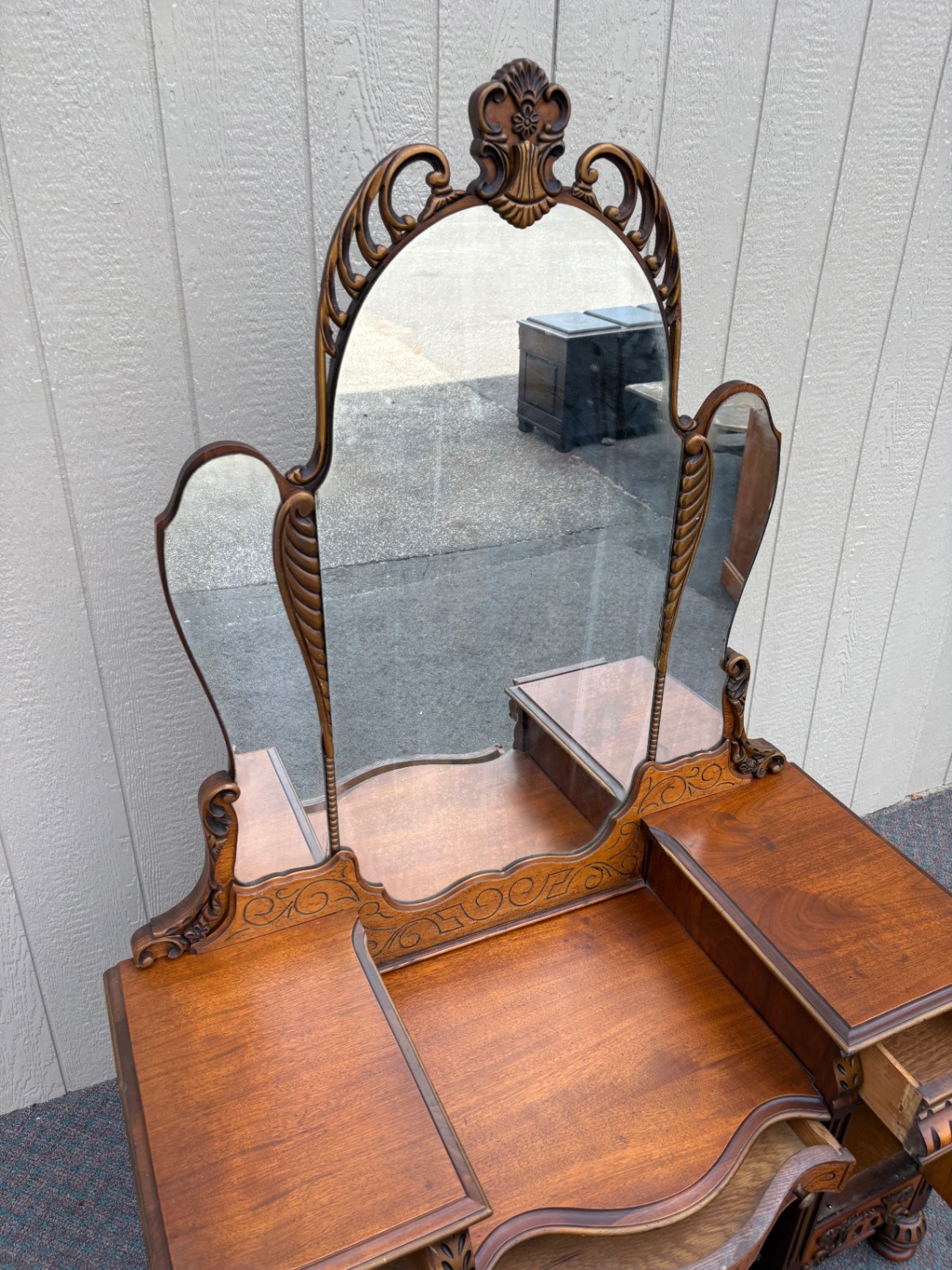 67896 Art Deco Vanity with Mirror, Intricate Carvings, Walnut Finish