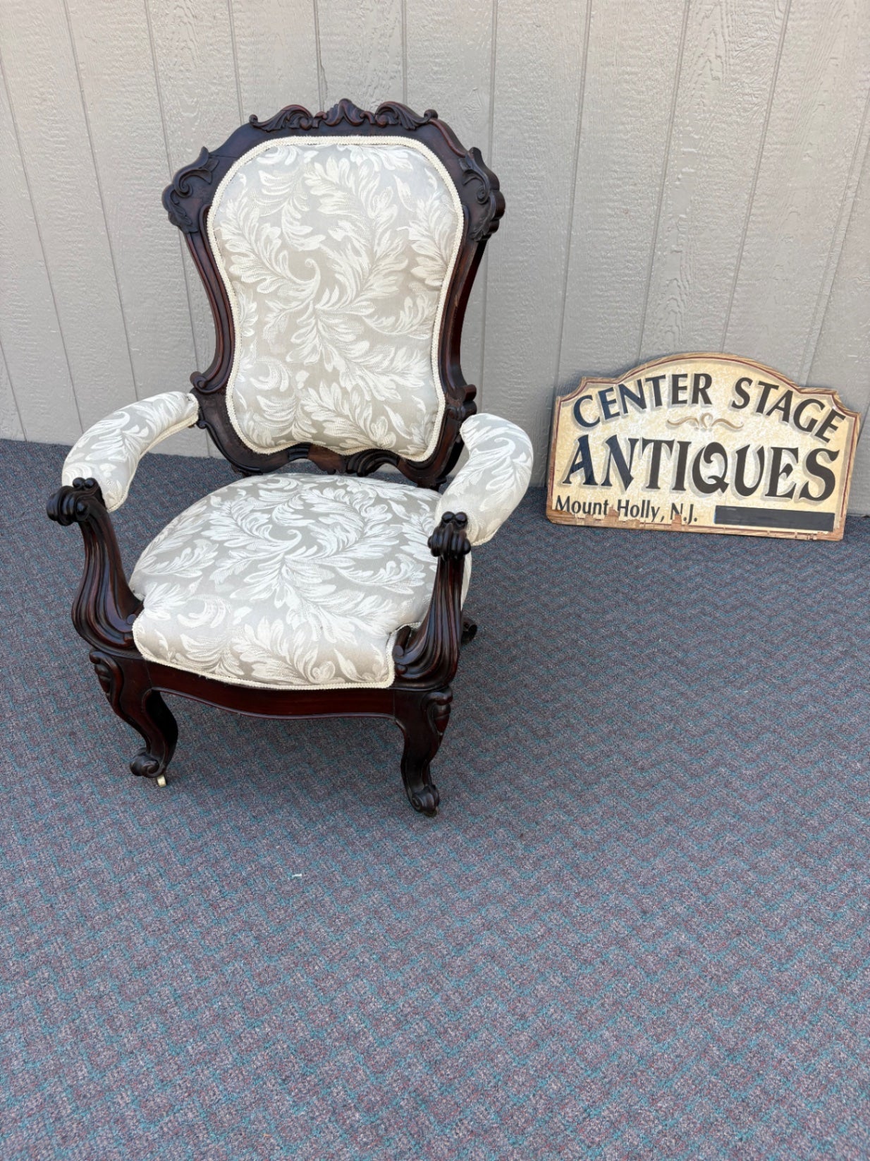 67760 Victorian Armchair with Ornate Carvings and Upholstery