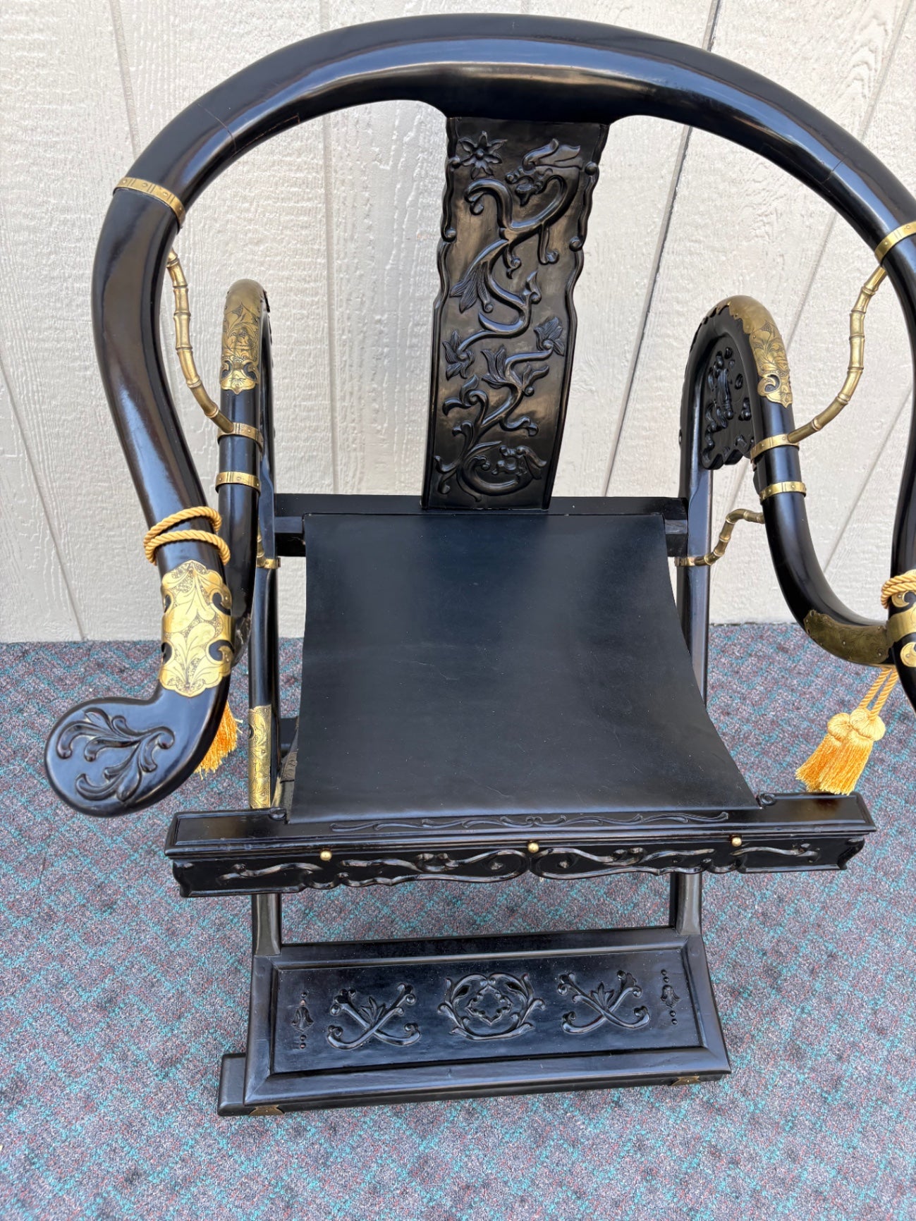 68061 Oriental Style Black Folding Chair with Carved Details