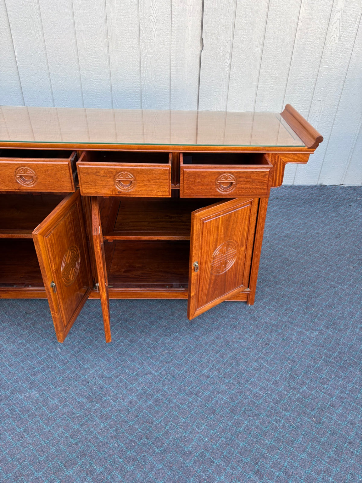 Mid-Century Oriental Sideboard with Glass Top and Carved Details