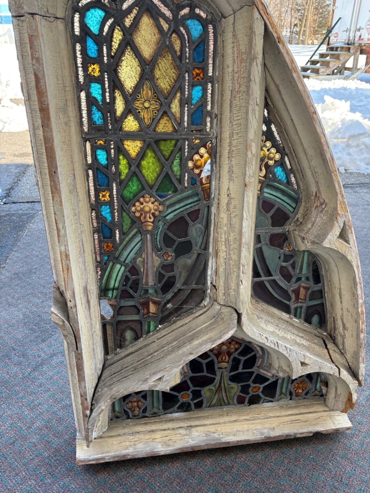 67488 Gothic Arched Stained Glass Window with Wooden Frame