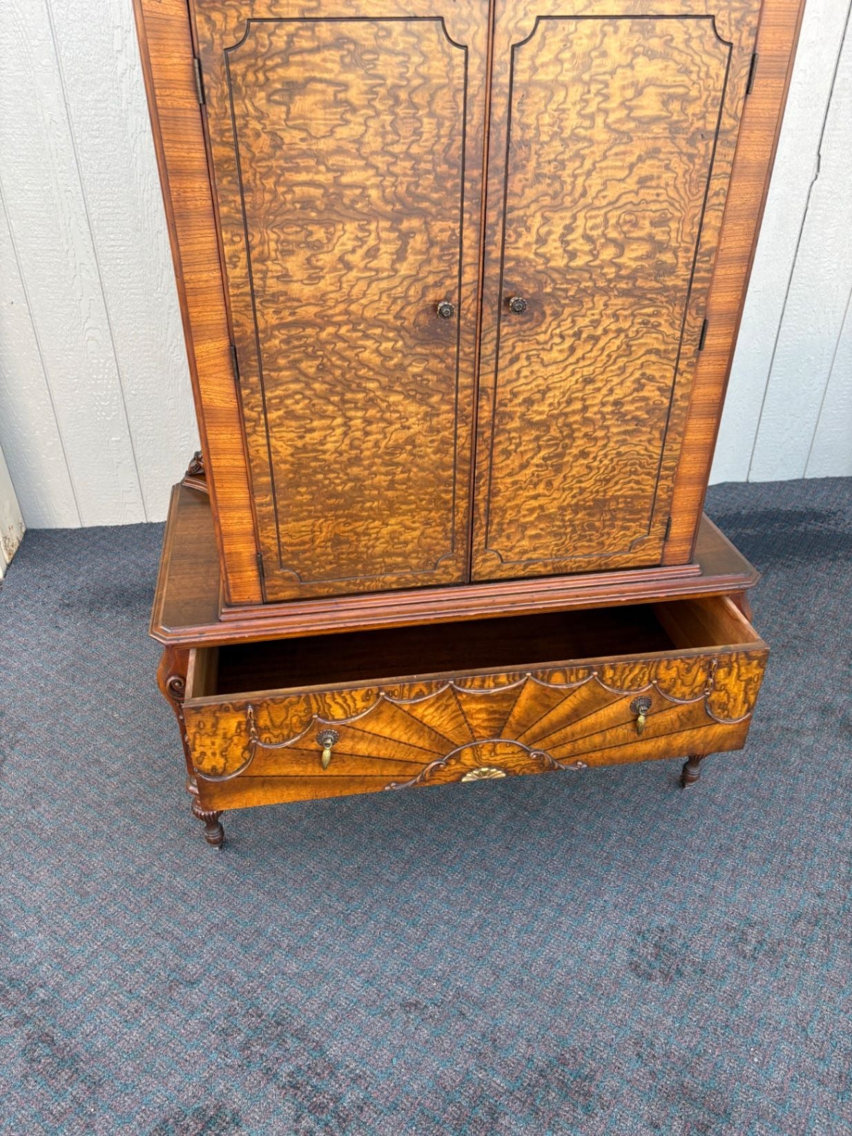 67453  Art Deco Chifferobe with Sunburst Veneer and Carved Details (Copy)