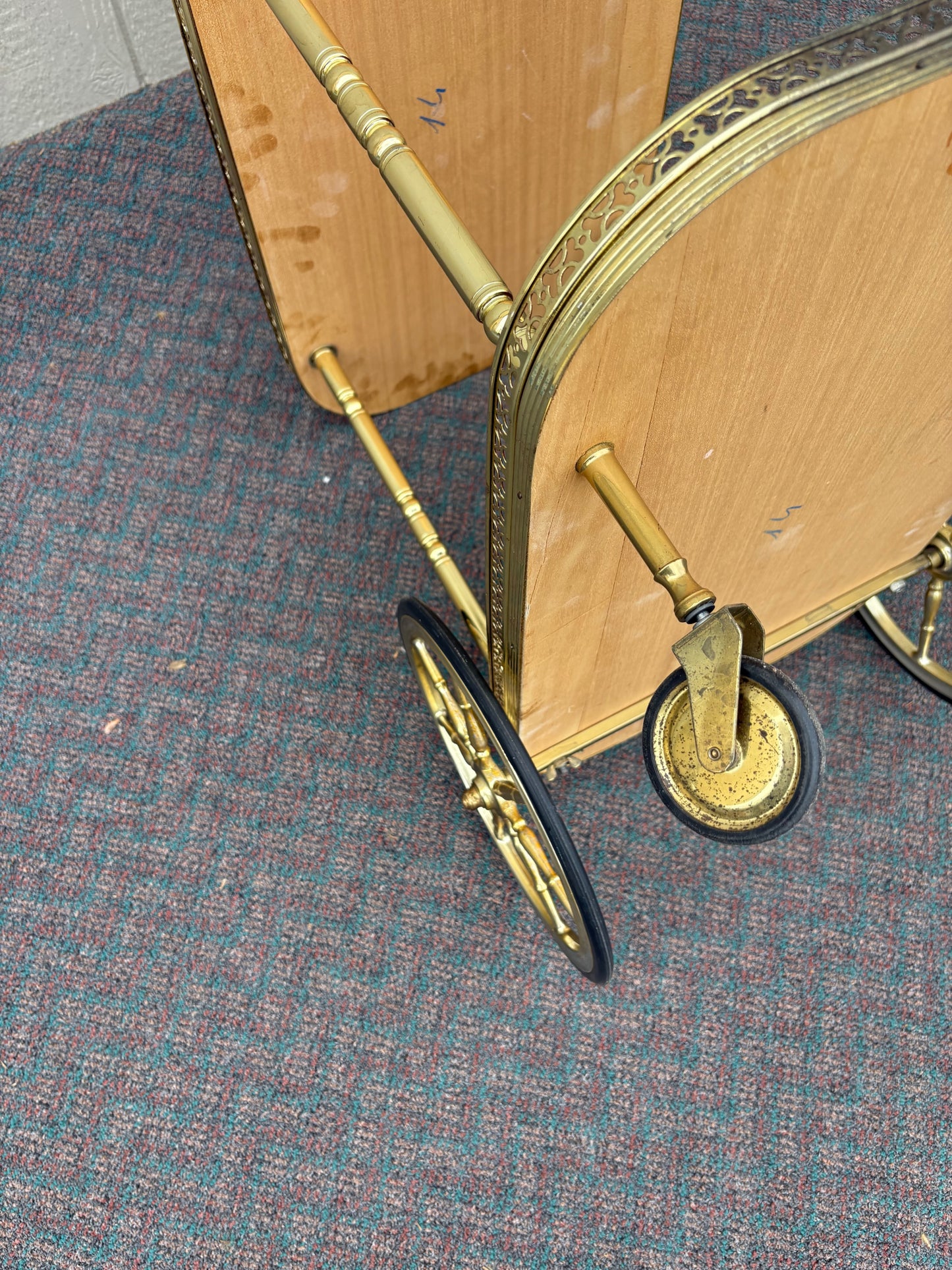 67707 Italian Mid-Century Inlaid Wood and Brass Bar Cart with Floral Motif
