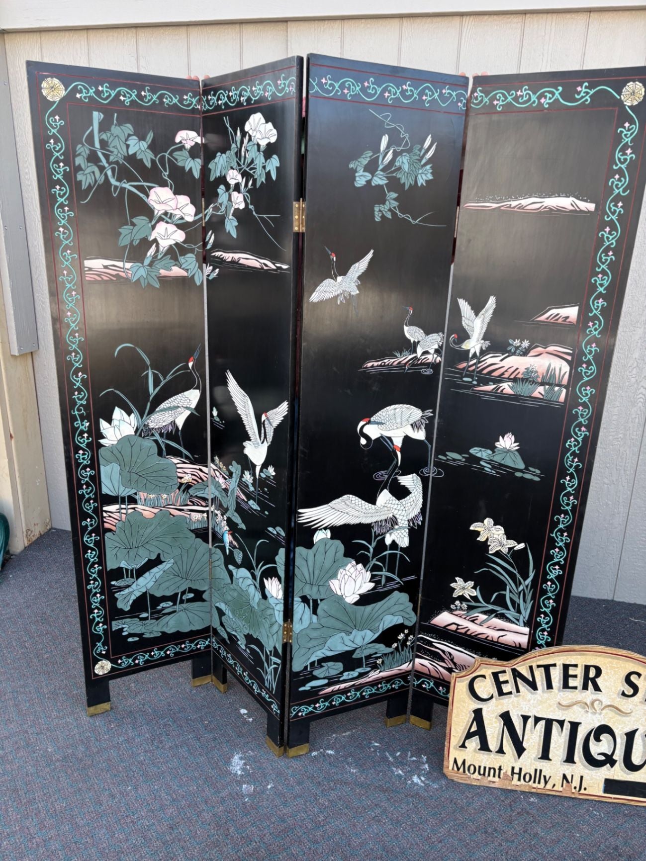 66277  Hand-Painted Oriental Folding Screen with Crane Motif