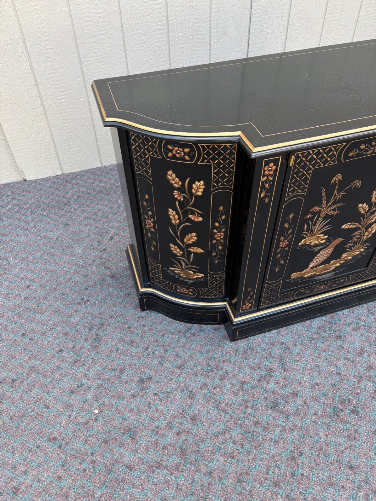 68118 Black Lacquer Asian-Inspired Cabinet with Floral and Bird Motifs