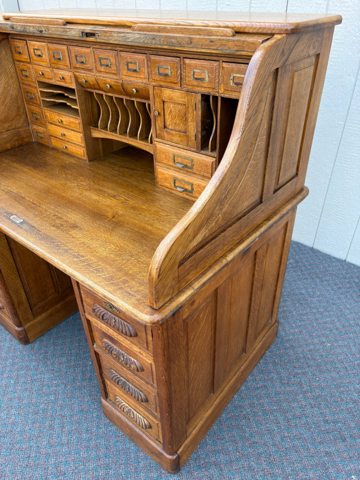 68012 Antique Oak Roll Top Desk with Brass Hardware and Storage
