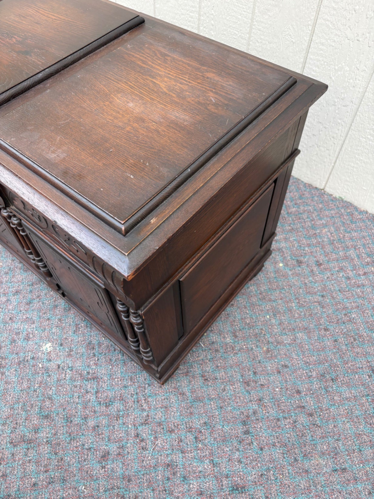 67754 Vintage Dark Oak Trunk with Carved Details and Panel Design