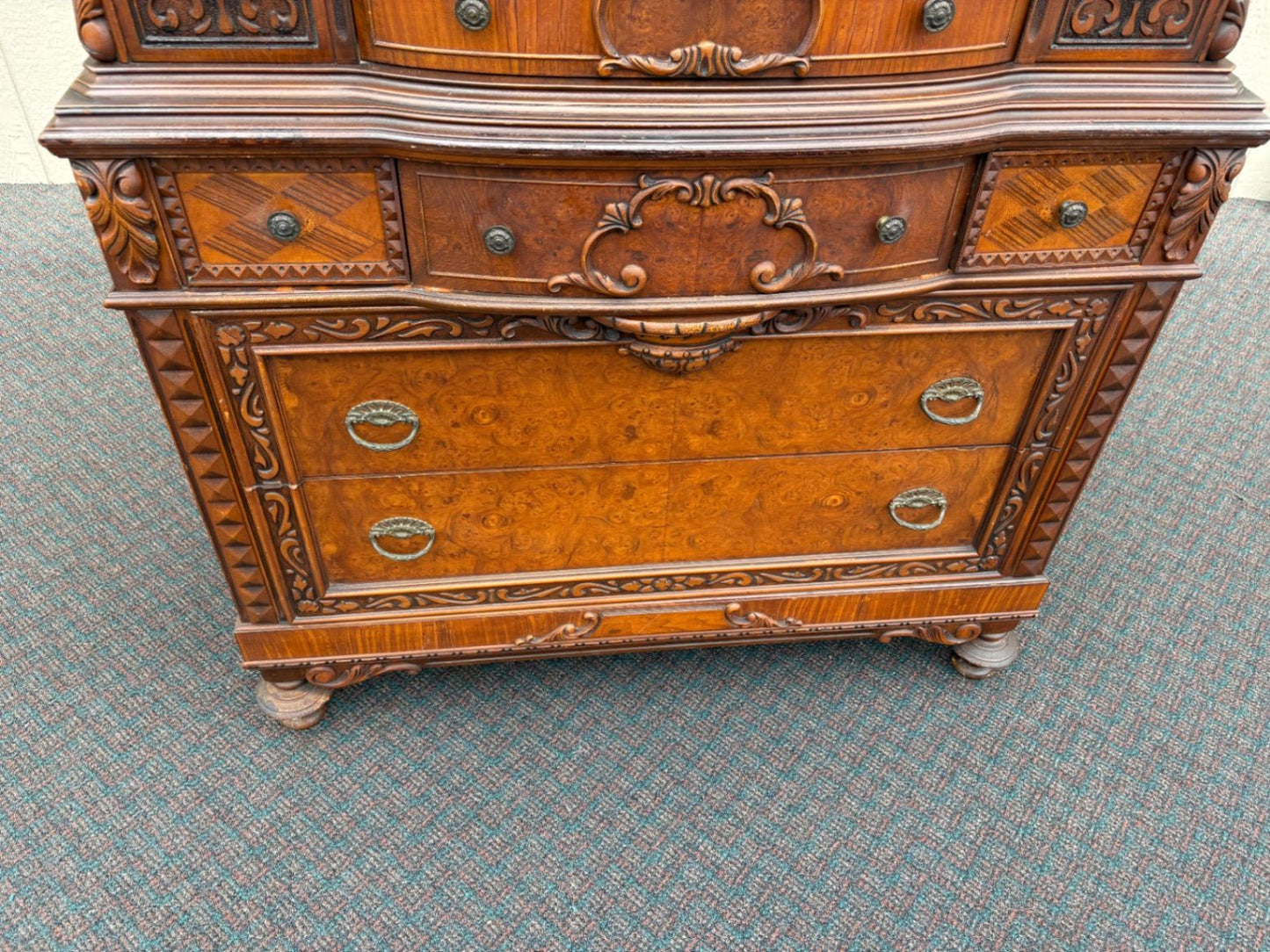 67535 Antique Walnut High Chest with Intricate Carvings and Secret Compartment