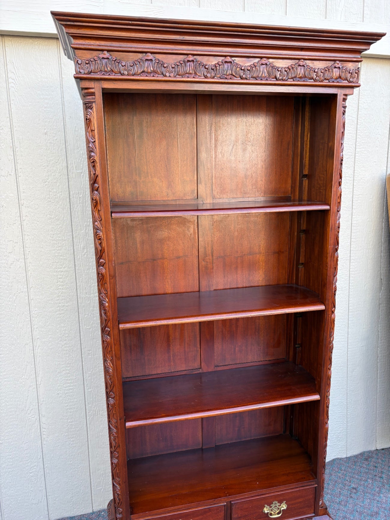 67941 Ornate Mahogany Chippendale Bookcase with Claw Feet and Drawers