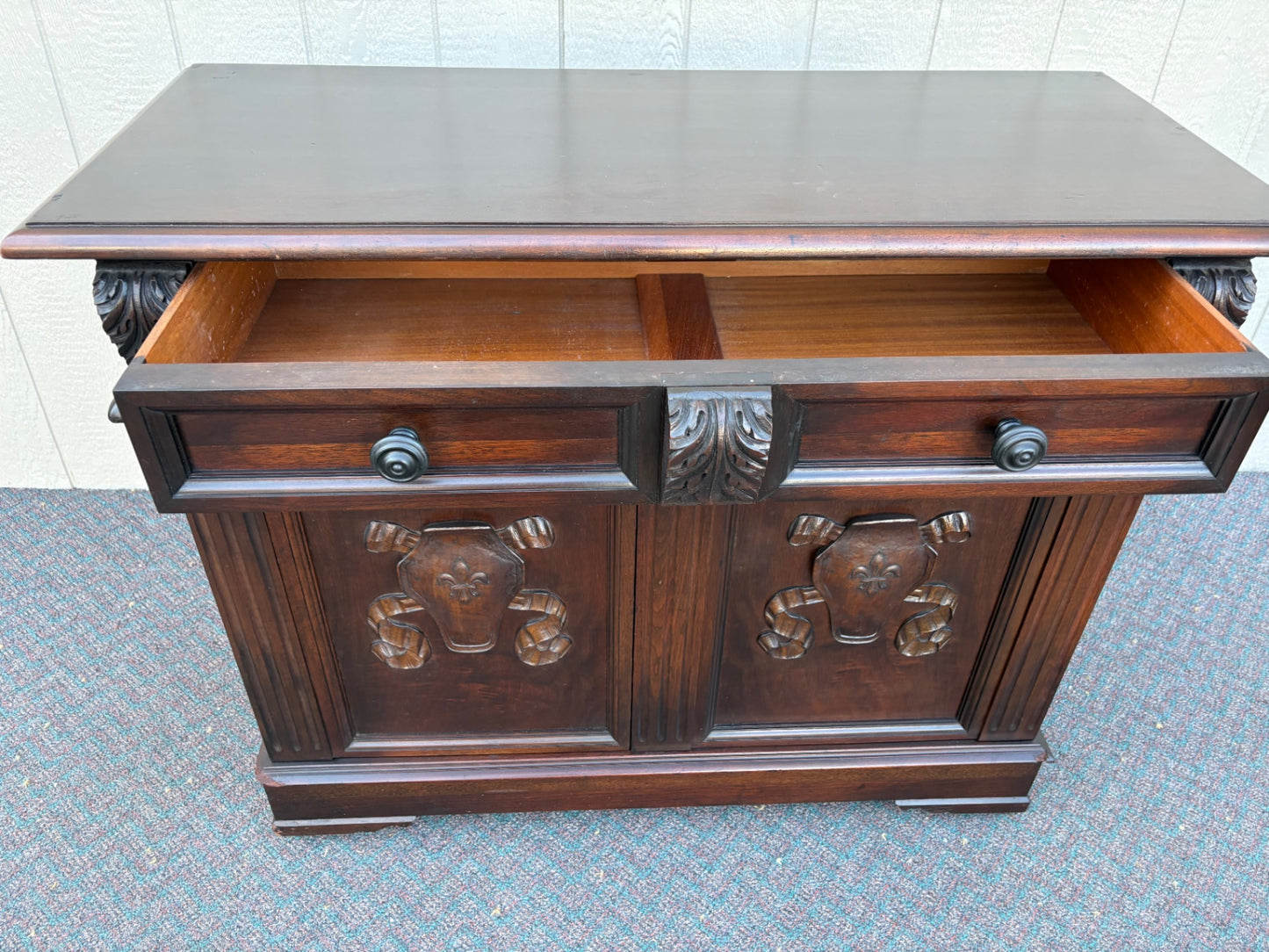 68013  Antique Mahogany Cabinet with Ornate Carved Details