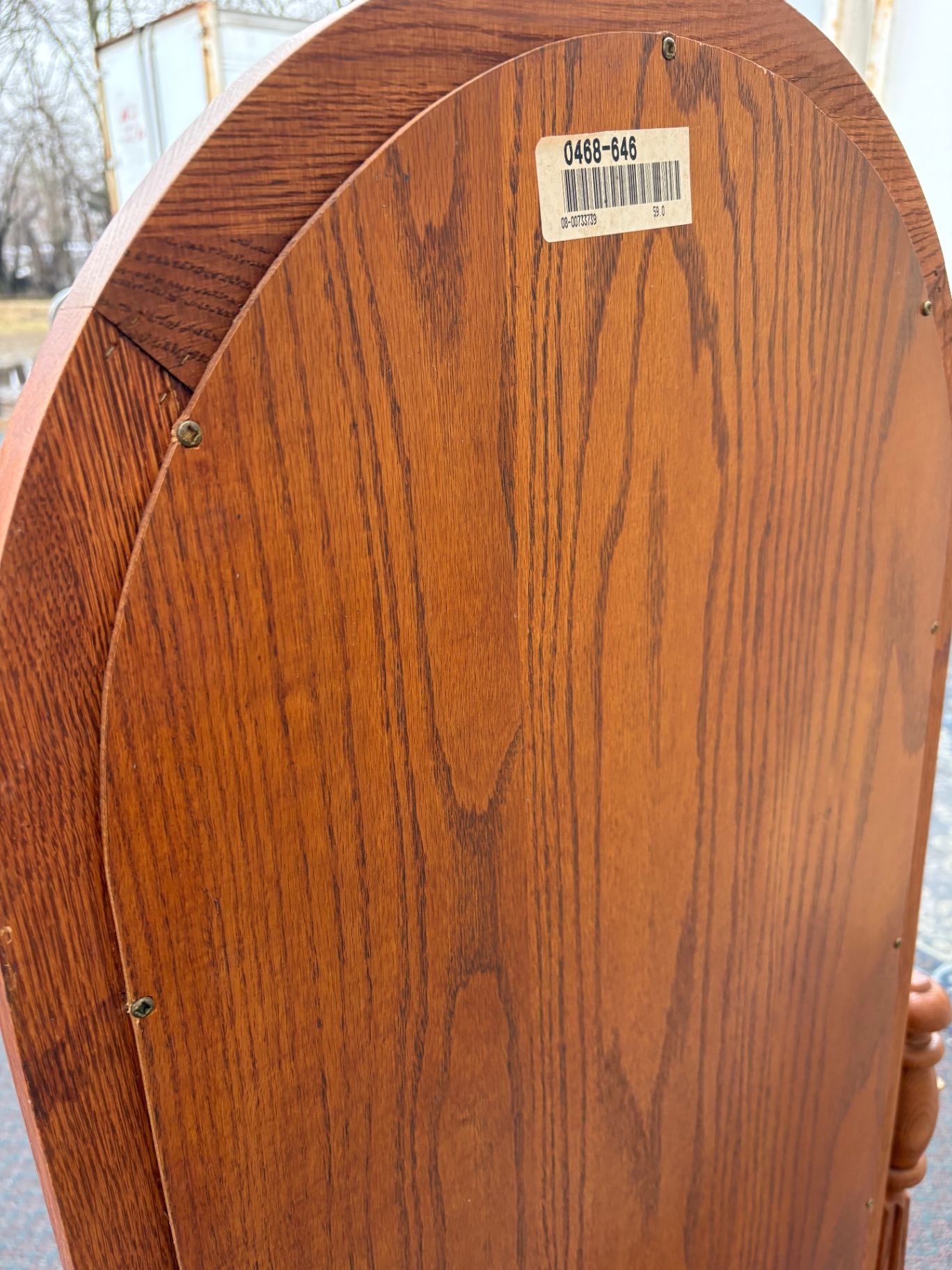 66934  Elegant Oak Cheval Mirror with Turned Supports and Oval Glass