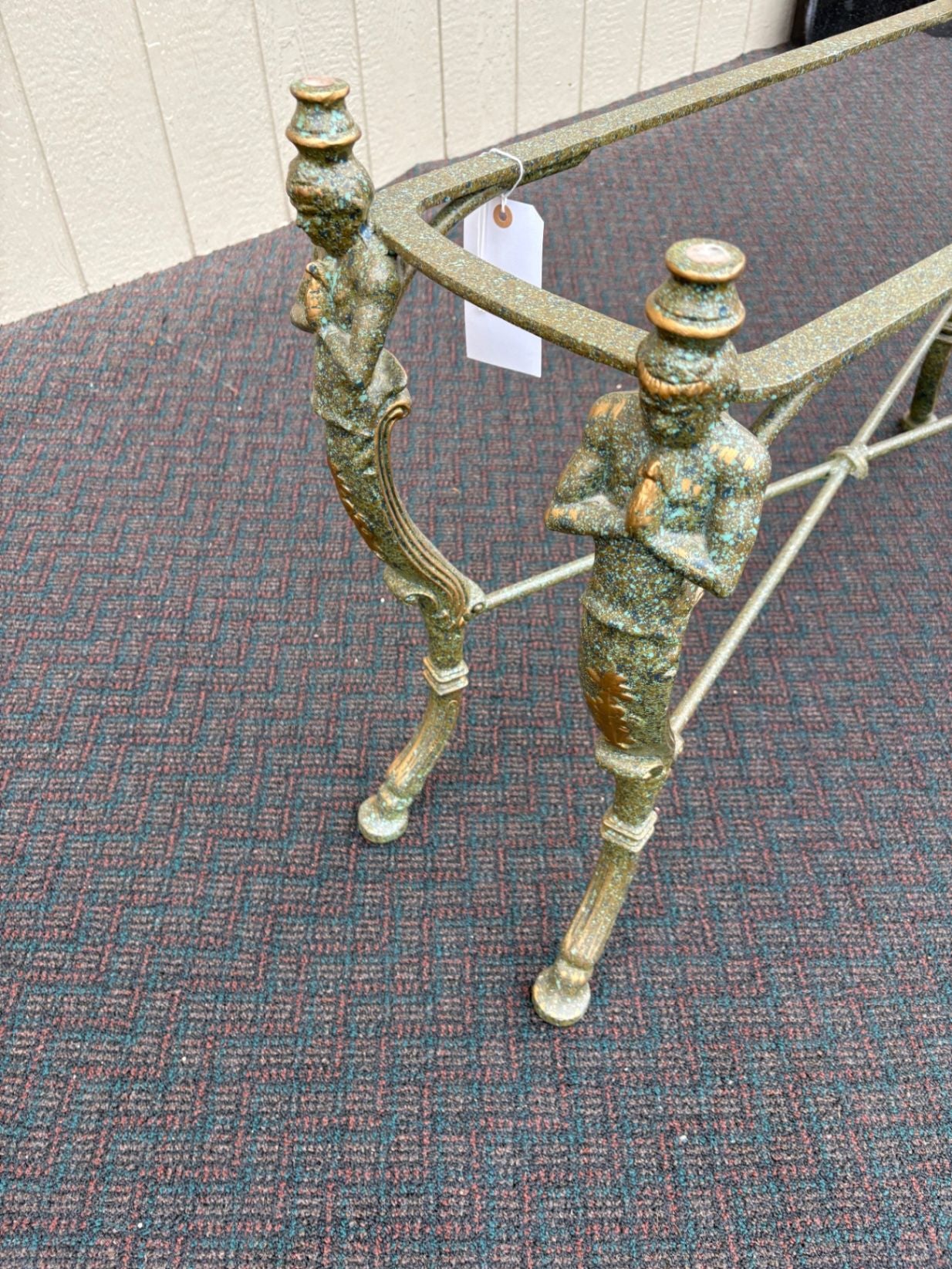 65667 Vintage Glass Top Console Table with Brass Figural Base