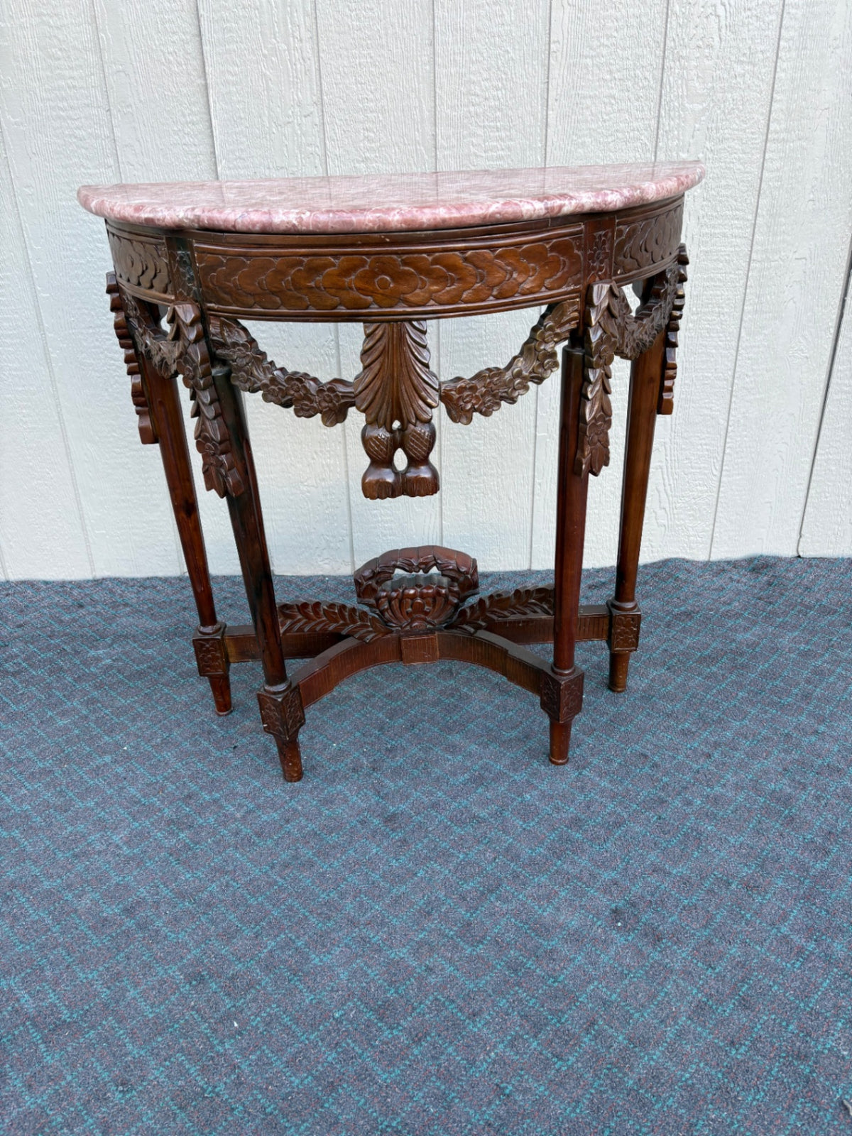 68237  Antique Mahogany Demilune Table with Pink Marble Top