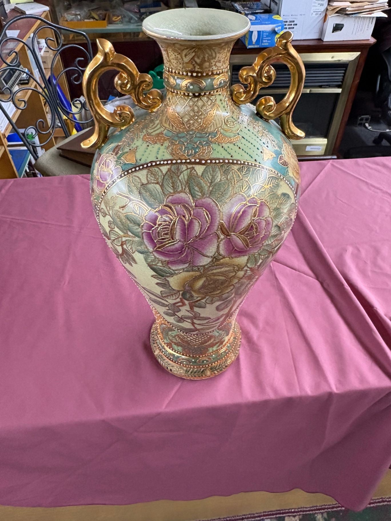 88000 Gilded Porcelain Floral Satsuma Style Vase with Handles