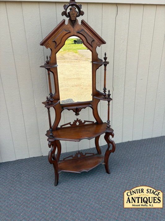 67717 Victorian Eastlake Style Hall Mirror with Shelves, Solid Mahogany