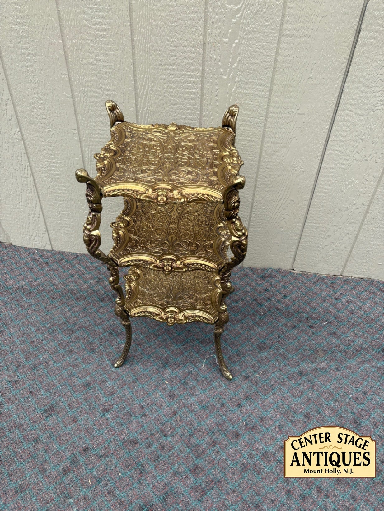 Ornate Victorian Three-Tier Cast Iron Plant Stand with Gold Finish