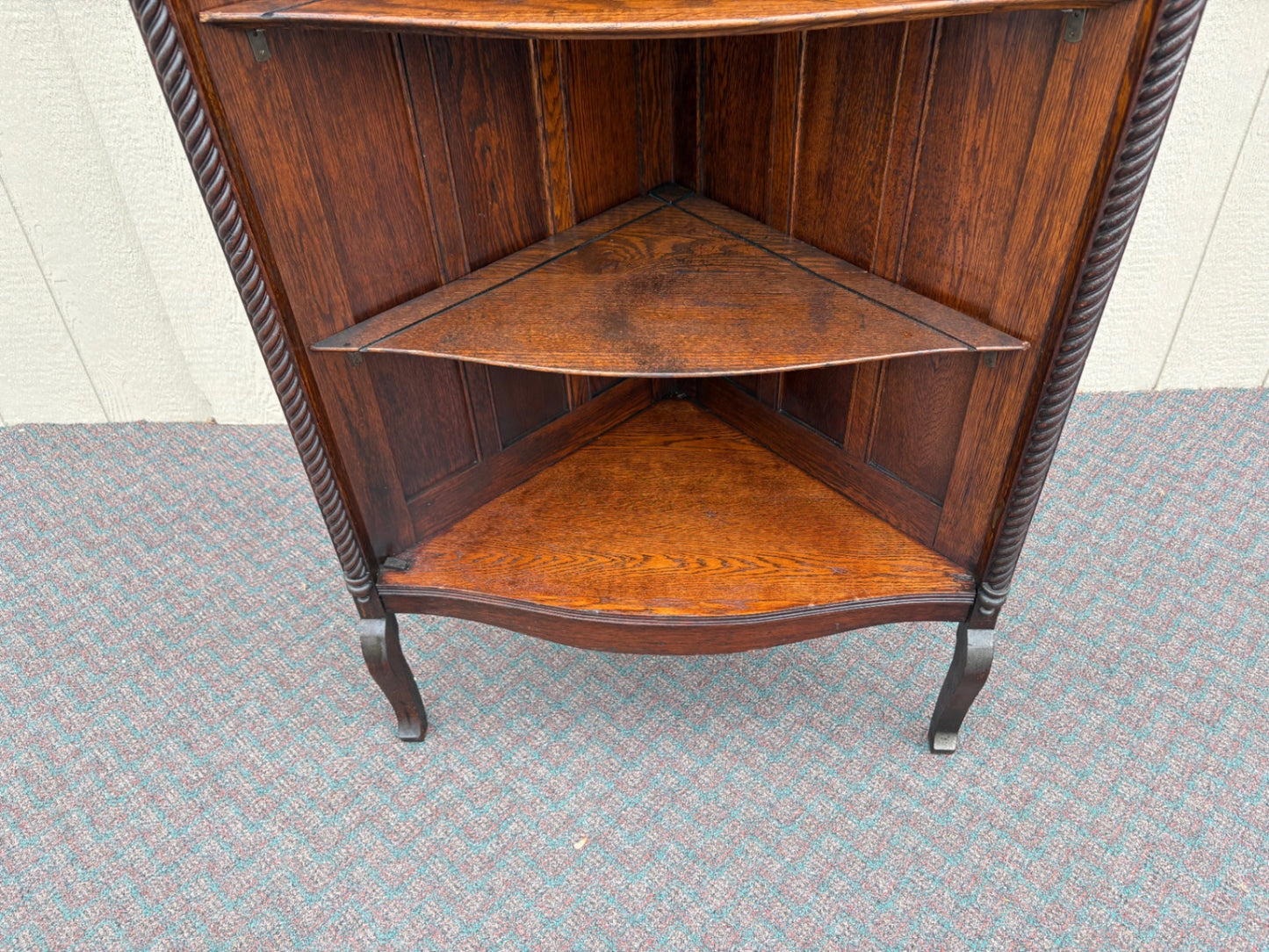 67661 Victorian Oak Corner Curio Cabinet  with Carved Details and Turned Finials