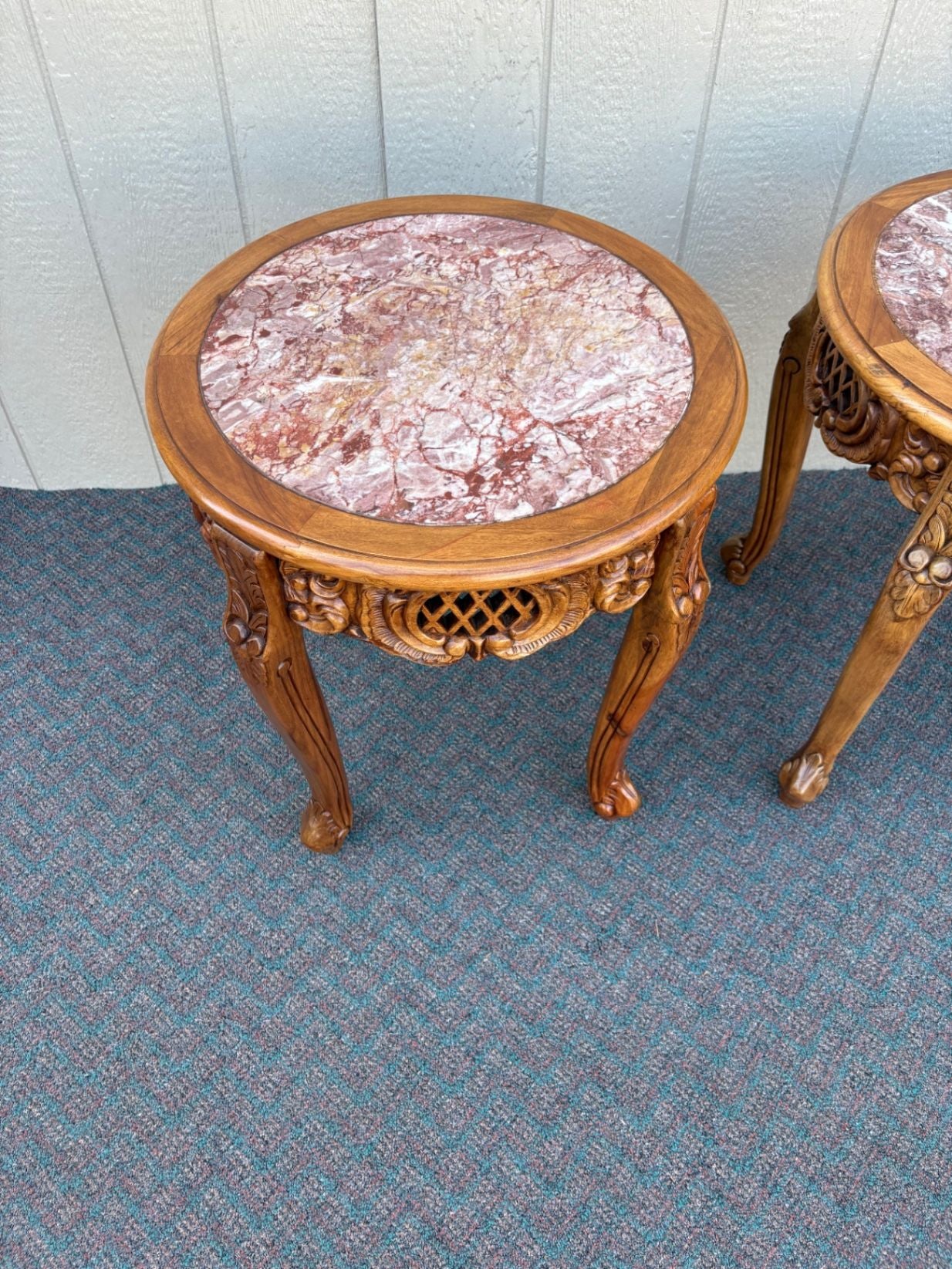 67604 Pair of Ornate Asian  Carved Wooden Tables with Marble Tops