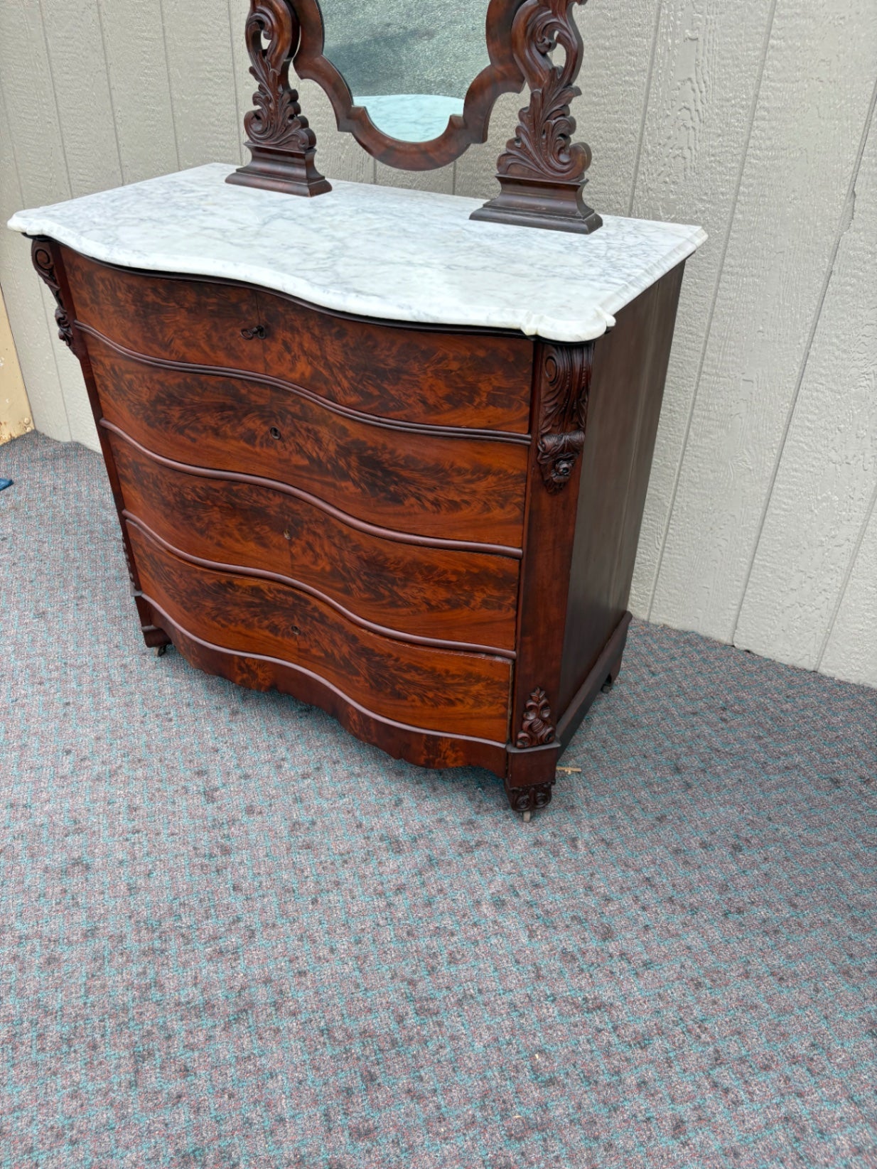 67937 Victorian Marble Top Dresser with Ornate Mirror and Carved Details