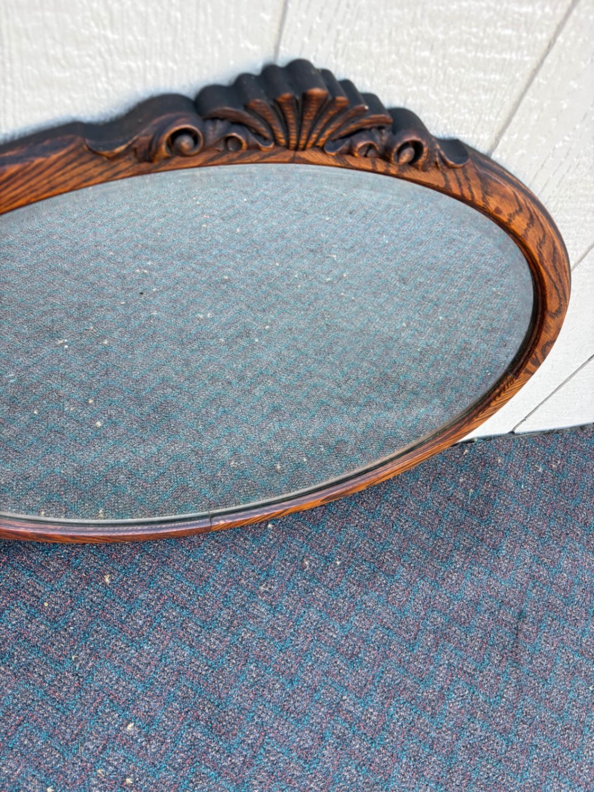 67652 Antique Victorian Oval Oak Beveled Wall Mirror with Carved Detail