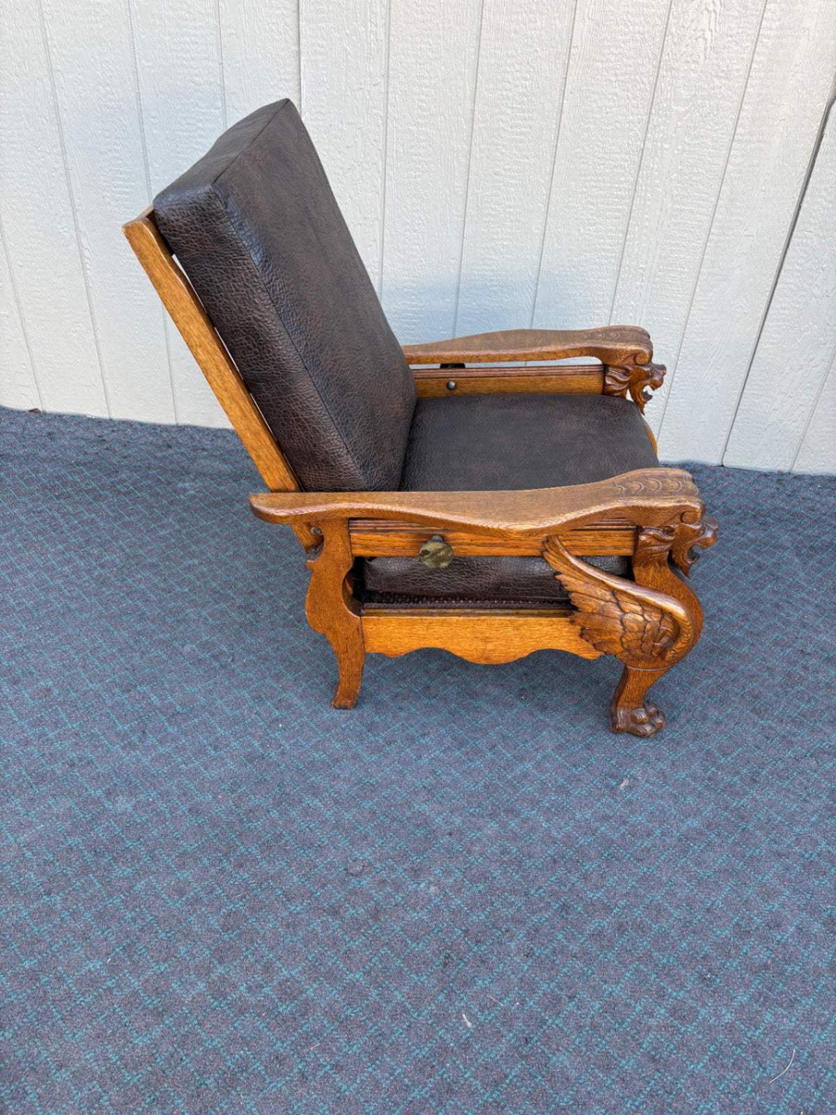 68007  Victorian Oak Morris Chair with Gryphon Carvings and Leather Upholstery