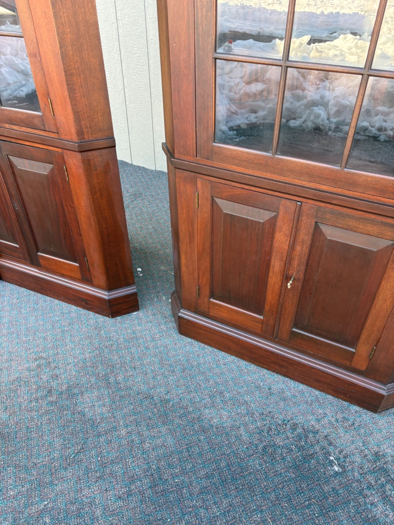67464  Pair of Biggs Mahogany Corner Cabinets with Glass Doors