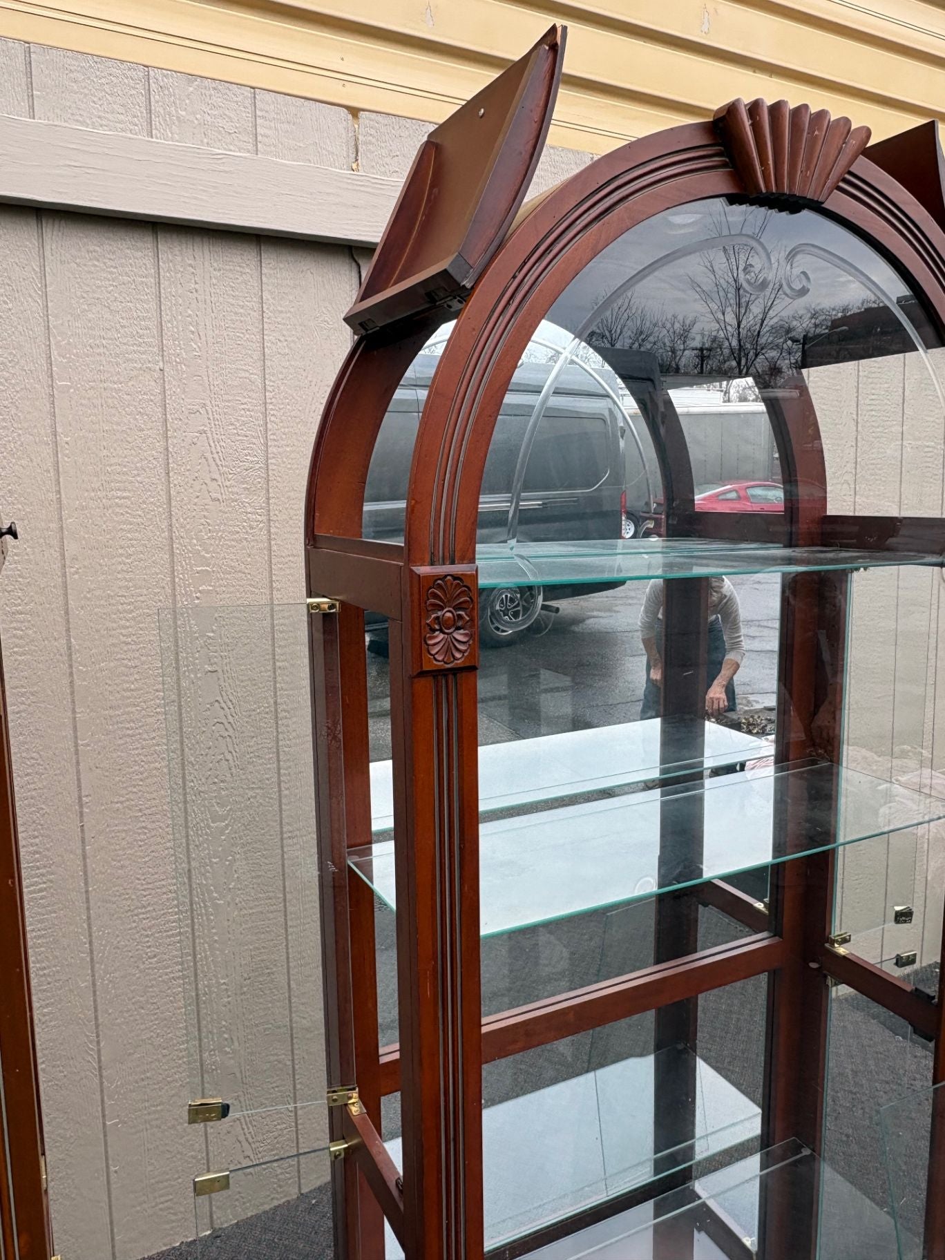 67572 PAIR  of Lighted Etched Glass Curio Cabinets with Wood Frame