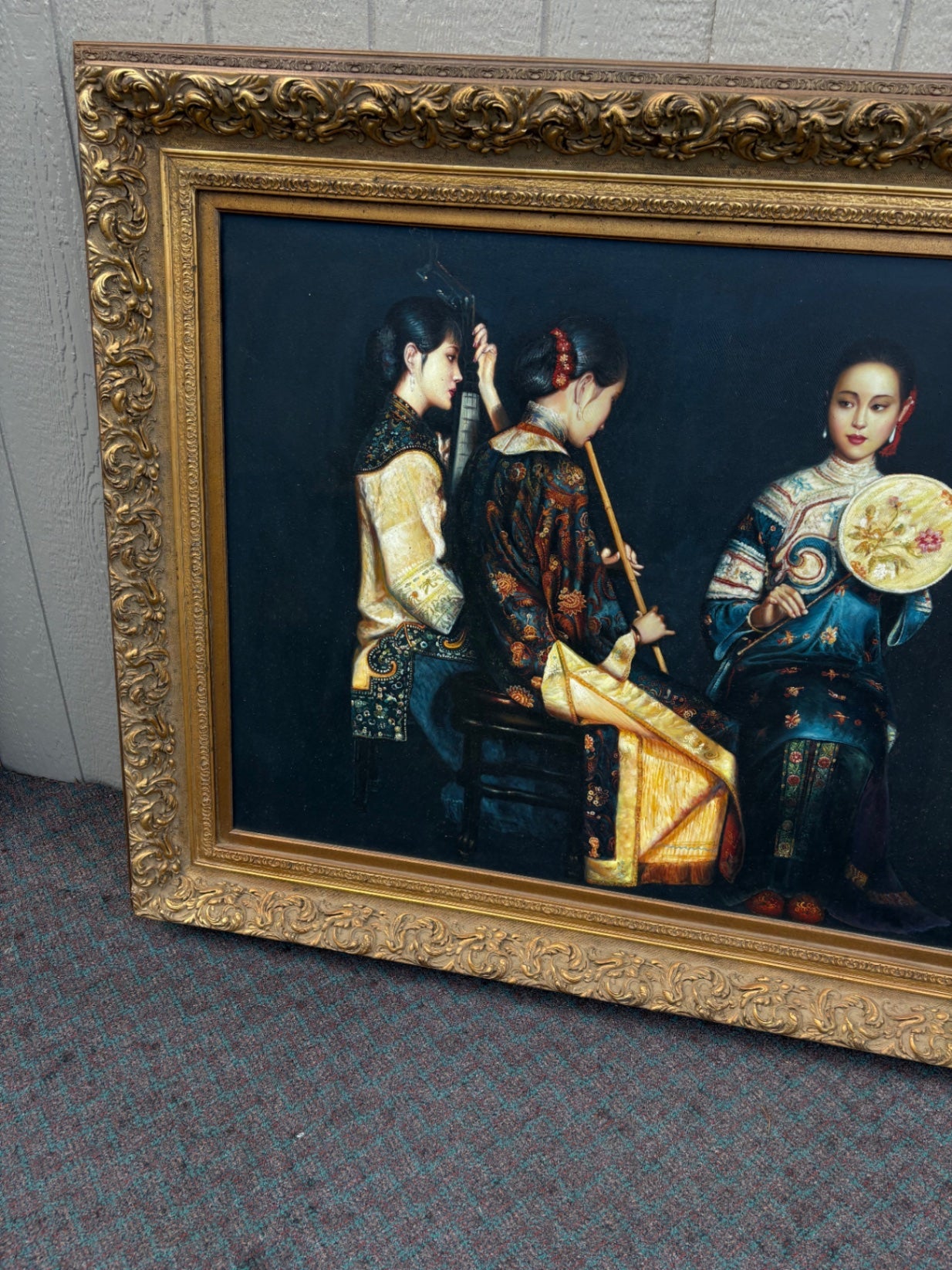 68037 Large Framed Oil Painting of Musicians in Ornate Gold Frame
