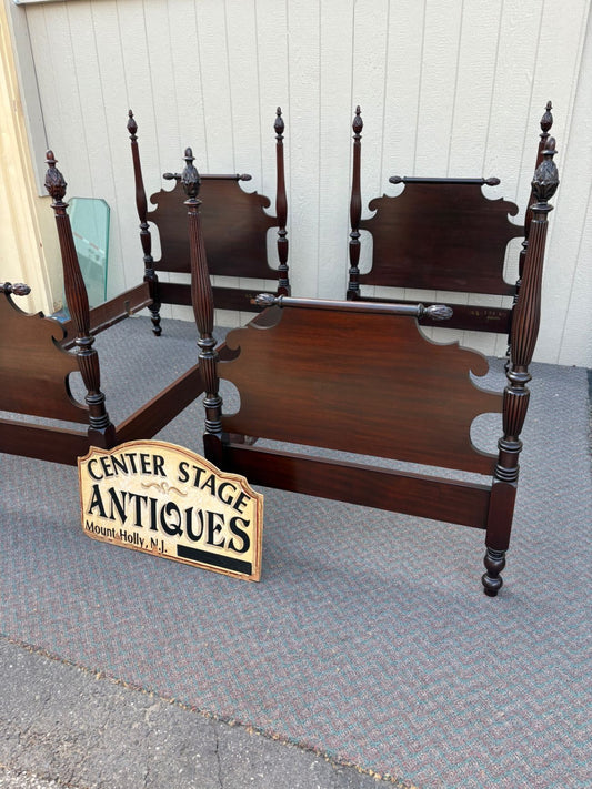 67668 Pair of Vintage PAINE Furniture  Mahogany Twin Beds with Carved Pineapple Finials