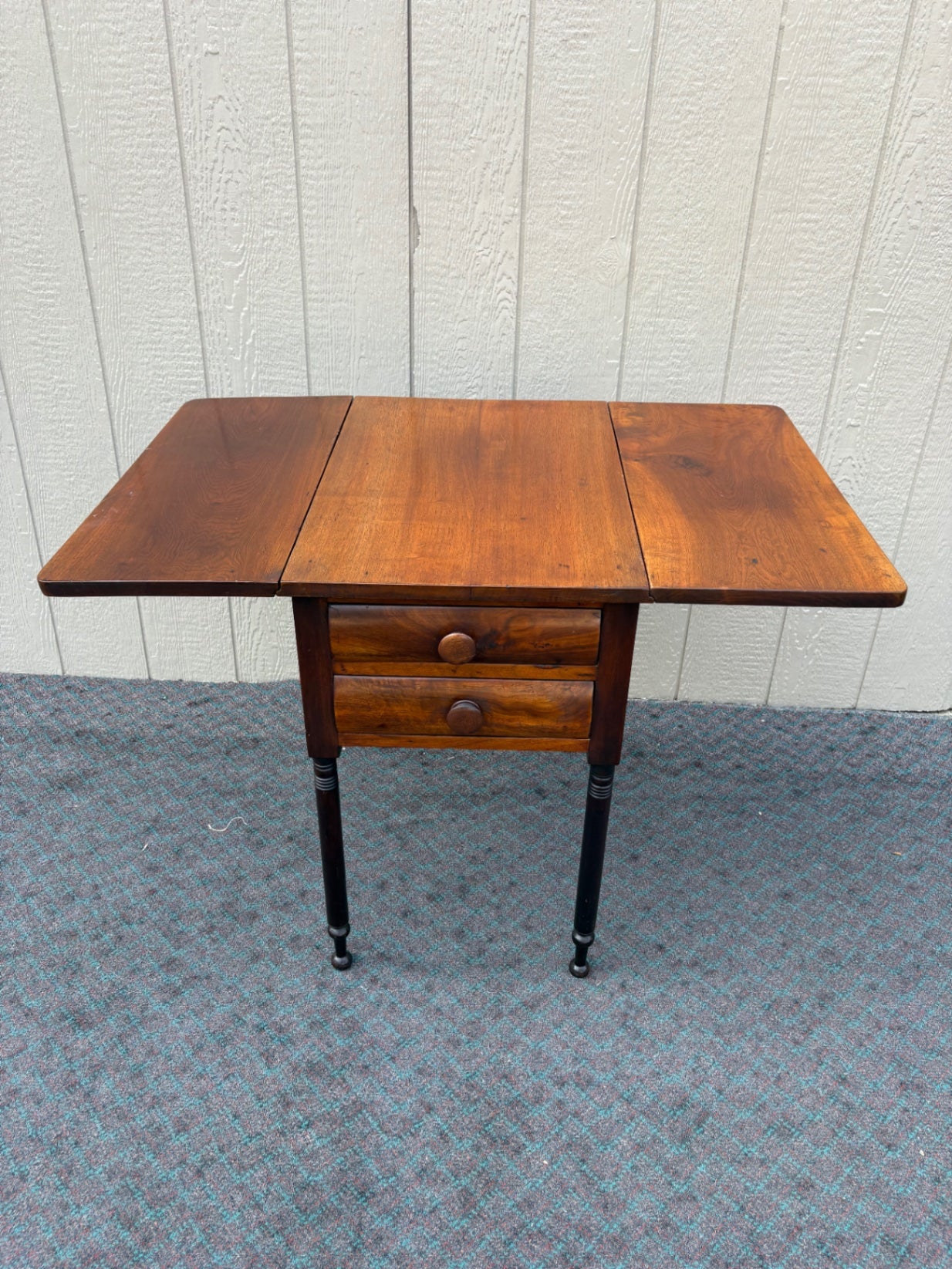 68085  Antique Drop Leaf Side Table with Drawers, Solid Wood