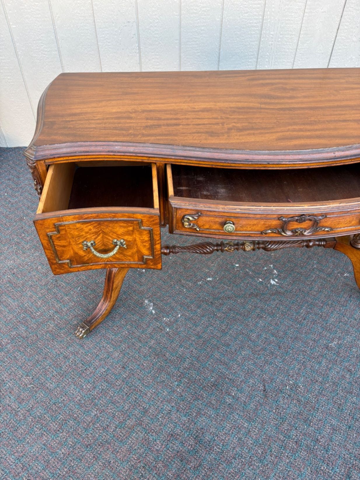 67433  Elegant Regency Style Mahogany Vanity Desk with Carved Details