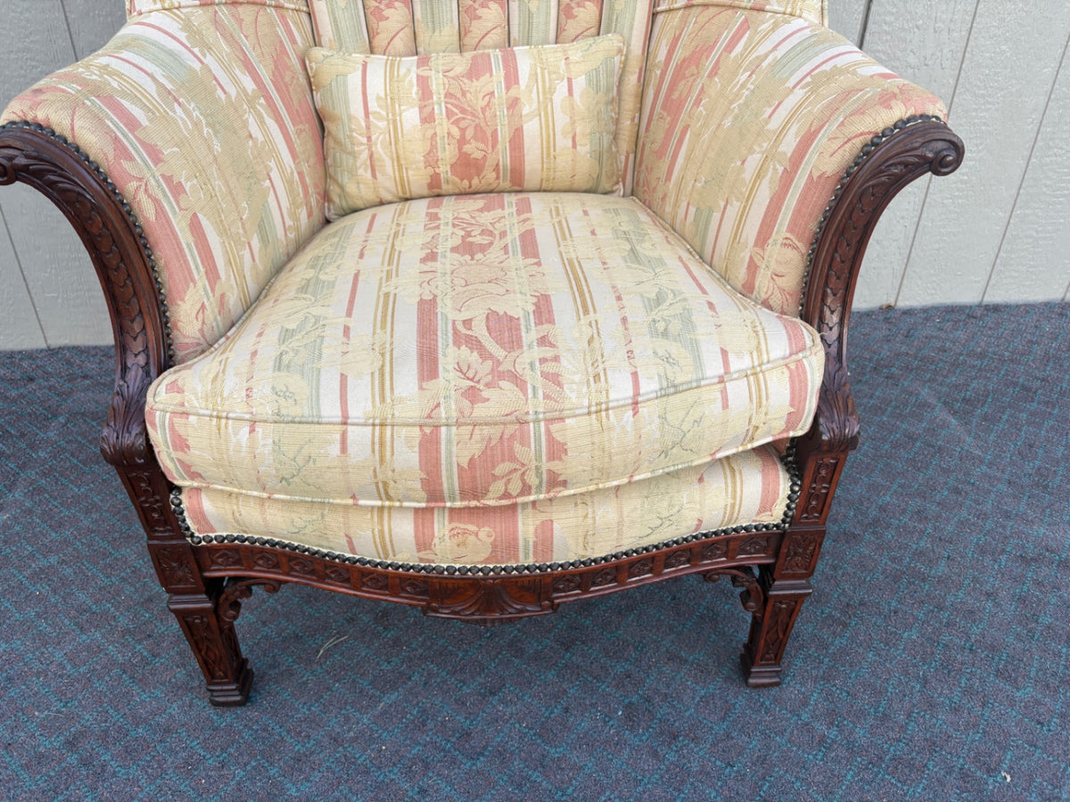 68209  1940s Carved Tufted Armchair with Floral Upholstery