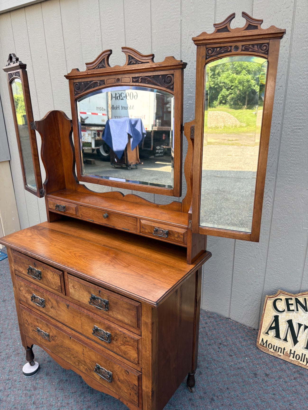 67938  Antique English Vanity Dresser with Triptych Mirror in Walnut